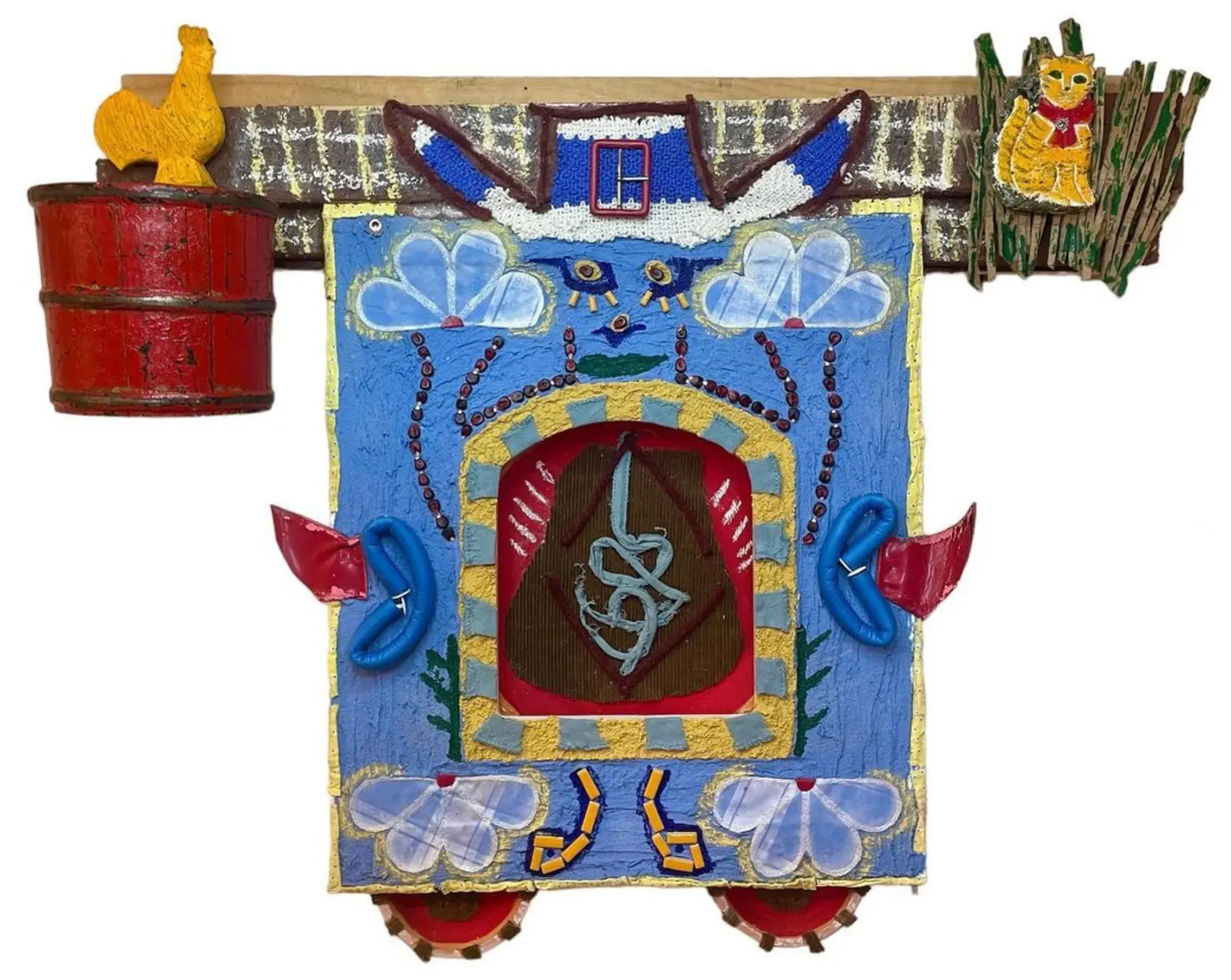 Alyssa Angelle outsider artist with a strong an unique expression, material collages, wall piece, colorful