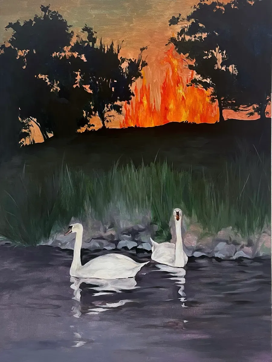 rui cao, contemporary painting promising artist, swan, lake and new