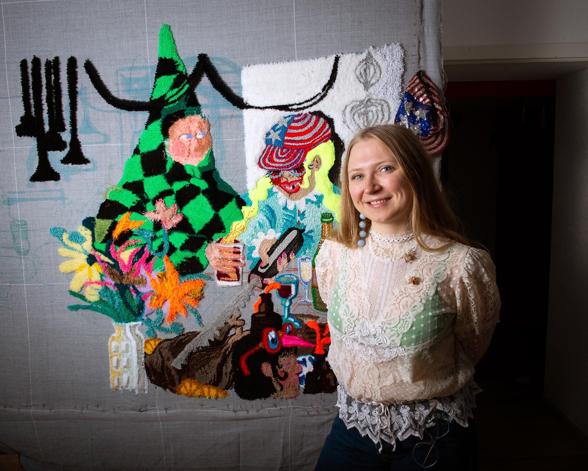 fern liberty kallenbach campbell in her studio with embroidery work, textile art in the making art practice