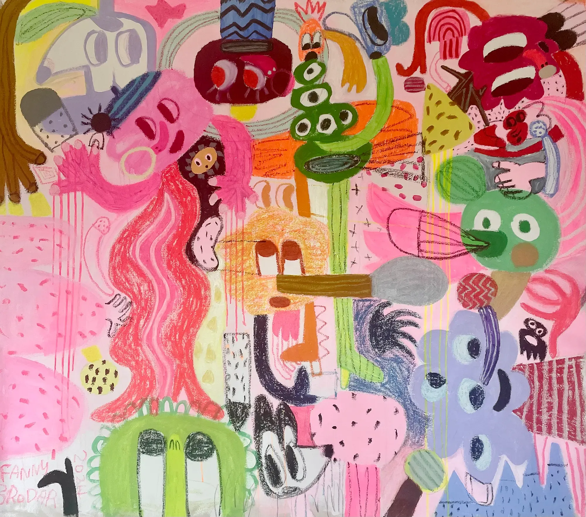fanny brodar artist, creates big colorful painting featuring whimsical and lively elements