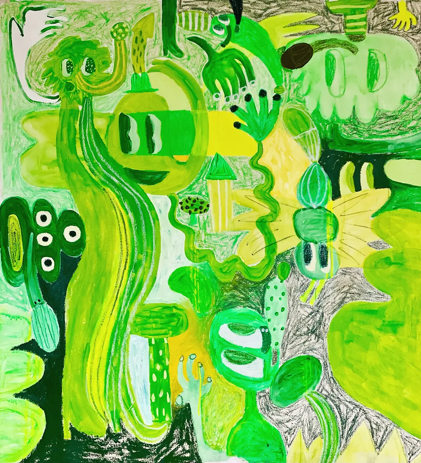 fanny brodar, bright green acrylic painting, with acrylic crayon, oil and oil bar on canvas,