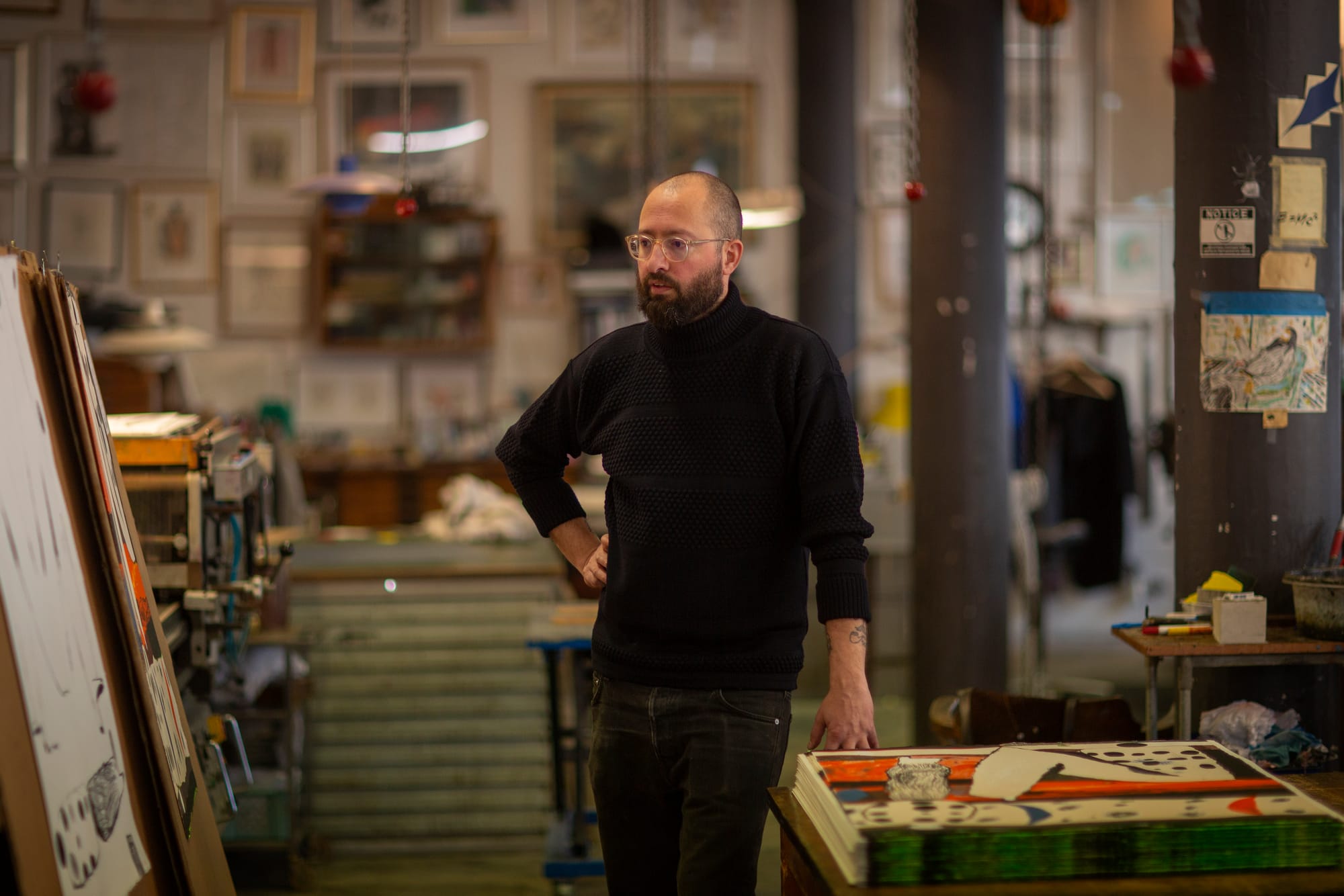 sune christiansen in his studio promising contemporary artist and working on some lithographs at Exhibition Copenhagen 