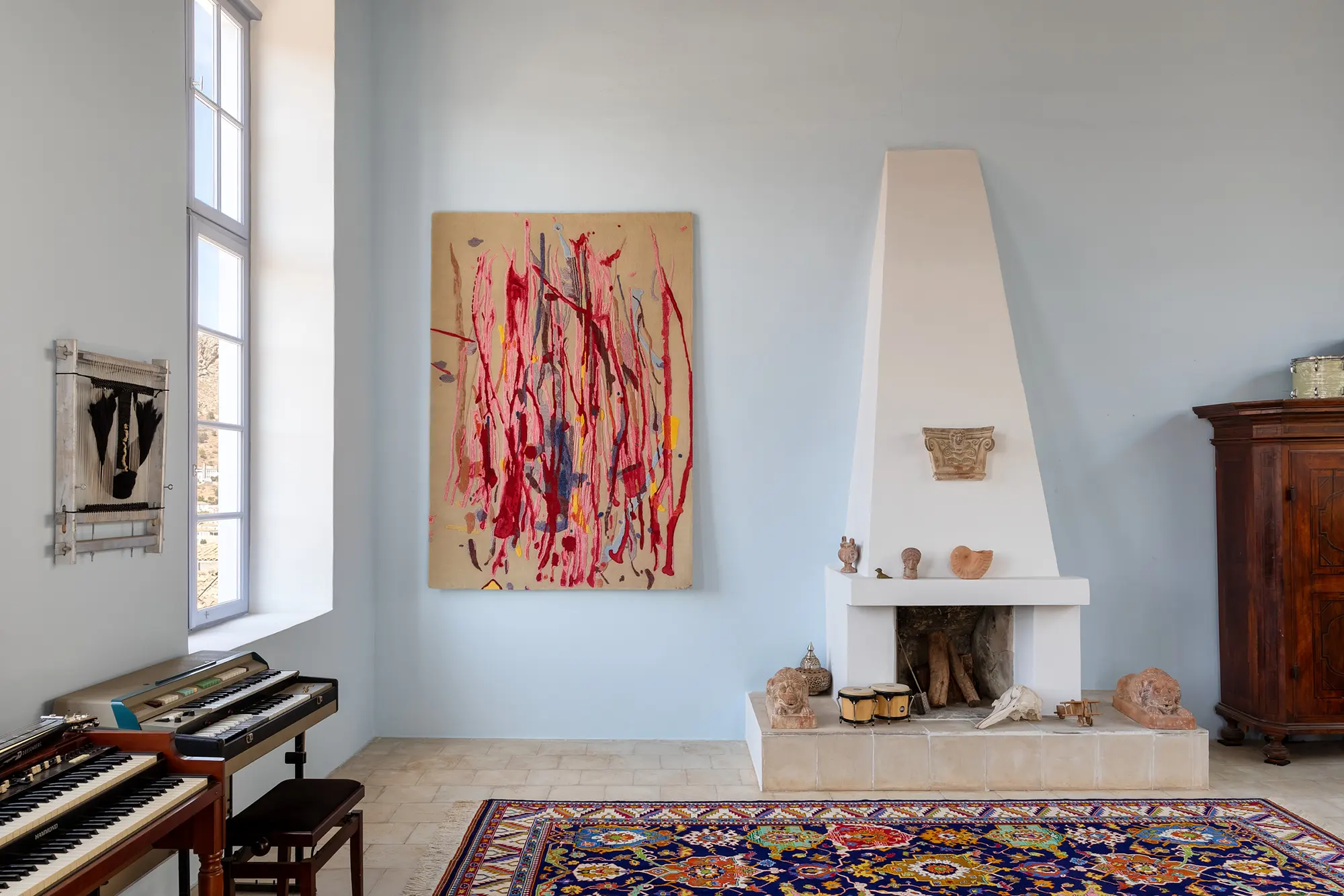 experience, the warp of time,  exhibition at the old carpet factory on hydra island, artworks by helen marden and dimitrios antonitsis