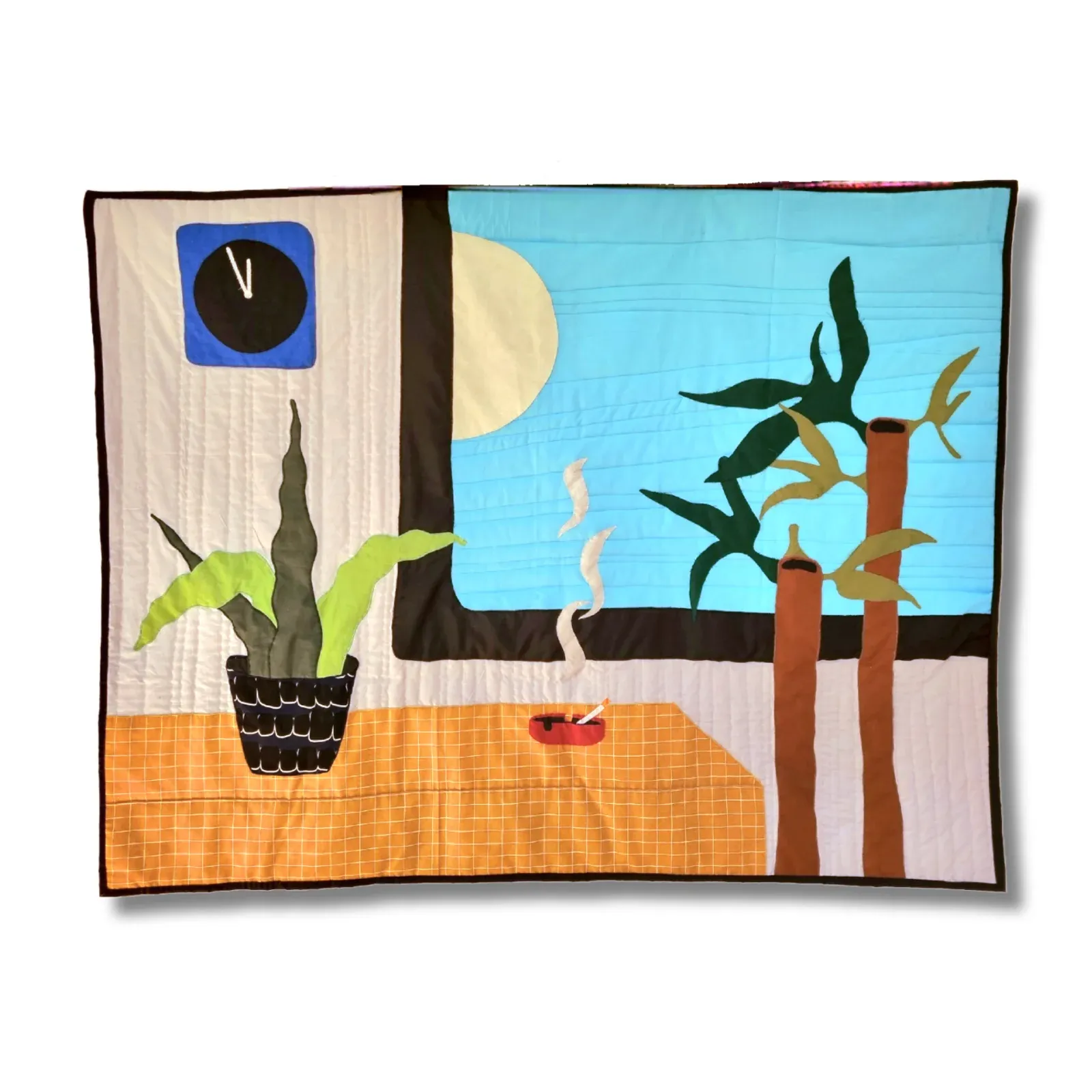 Textile artwork Gutbürgerlich (2025) by Rosina Rosinski, made of cotton and polyester, depicting a domestic interior with a houseplant, clock, cigarette smoke, and window view—evoking themes of stillness, containment, and latent tension.
