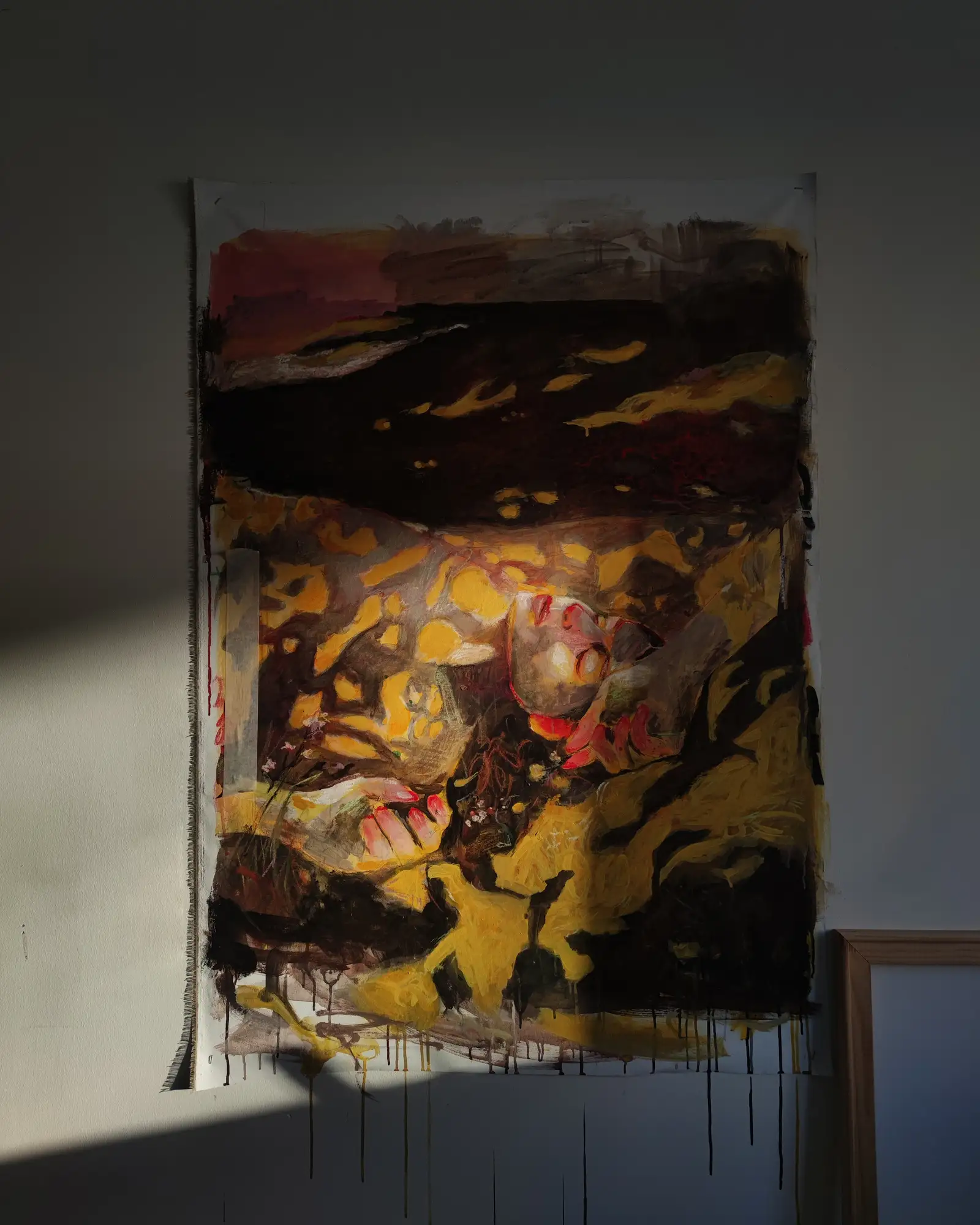 Expressionist painting by Lisbon-based artist Margarida Fleming, Dreams and Flowers, blending female portraiture with abstract light and organic forms on canva