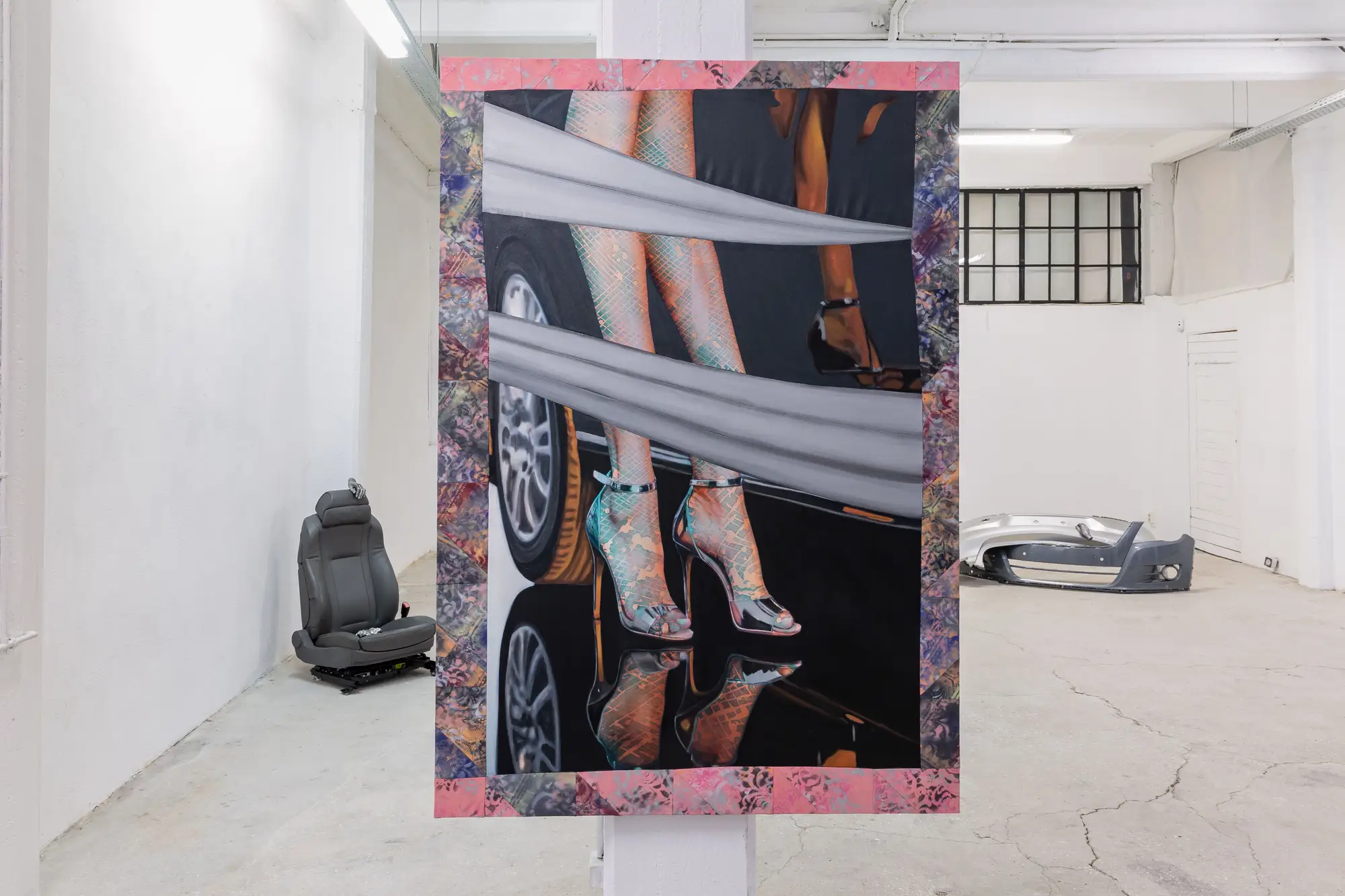 Installation view of Bety Krňanská’s solo show 'I want you to see it' at Alkinois Gallery, featuring sculptural paintings and modified car parts