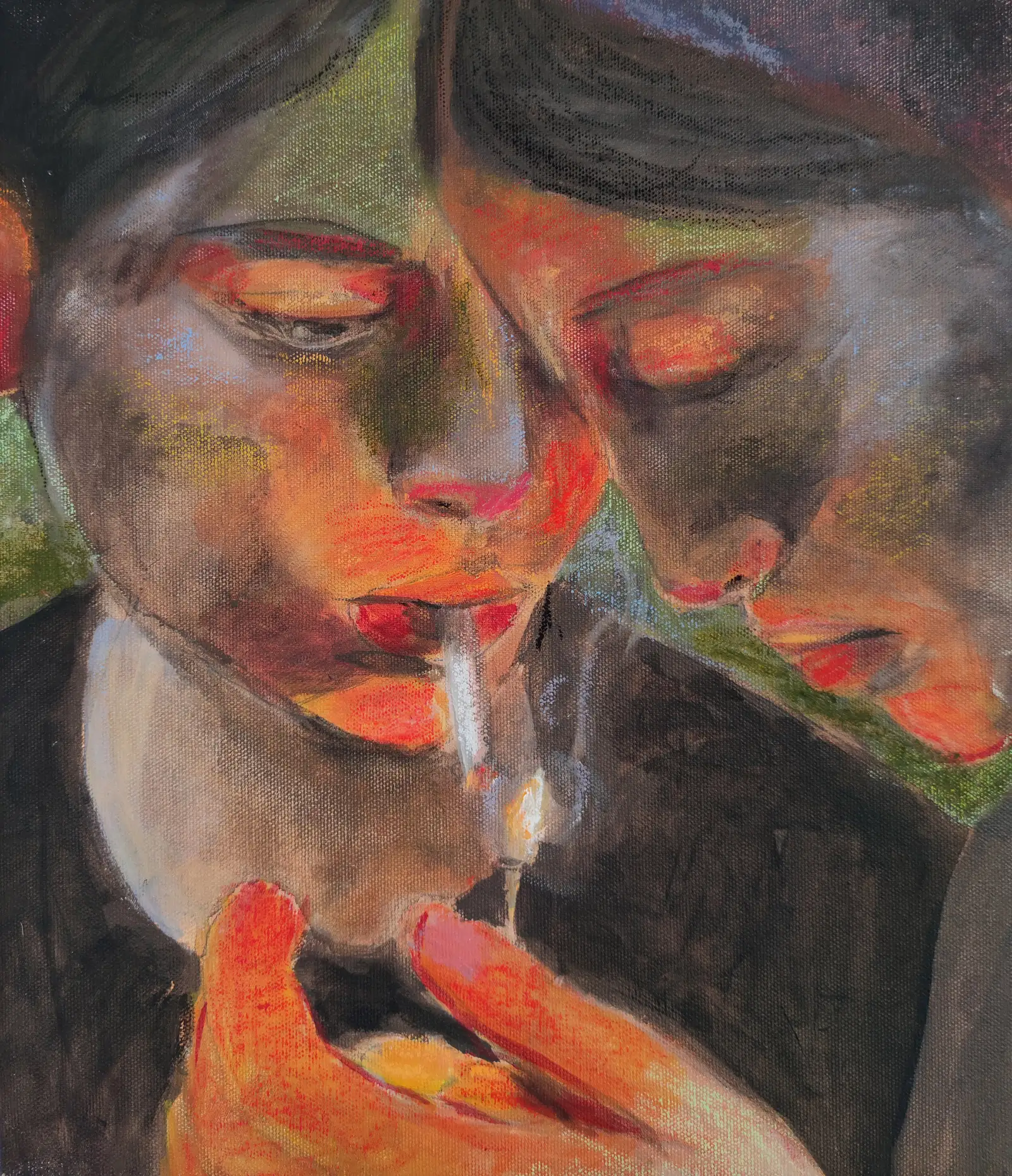 Small-format painting by Portuguese artist Margarida Fleming, photographed in her Lisbon studio—an atmospheric close-up of dual female presence rendered in warm, expressionist tones.