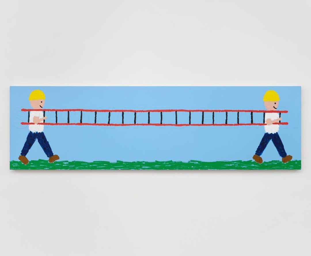 Onward and Upward! an funny painting simple with lots of details in blue and green. outstanding contemporary painting by hunter potter for ross and kramer gallery