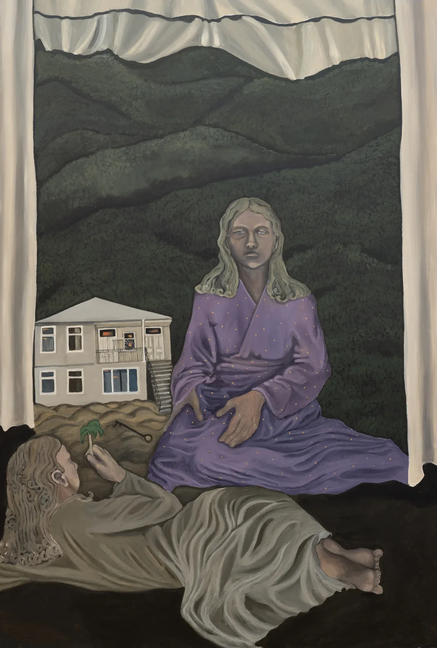 Mariam Akubardia, “Where is home now.” Two figures with house in front of mountain landscape.