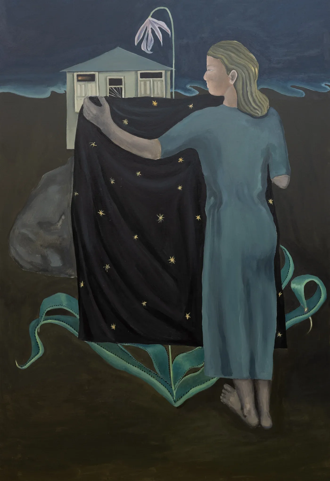 Mariam Akubardia, “Where is home now.” Woman holding star-studded black fabric before a small house.