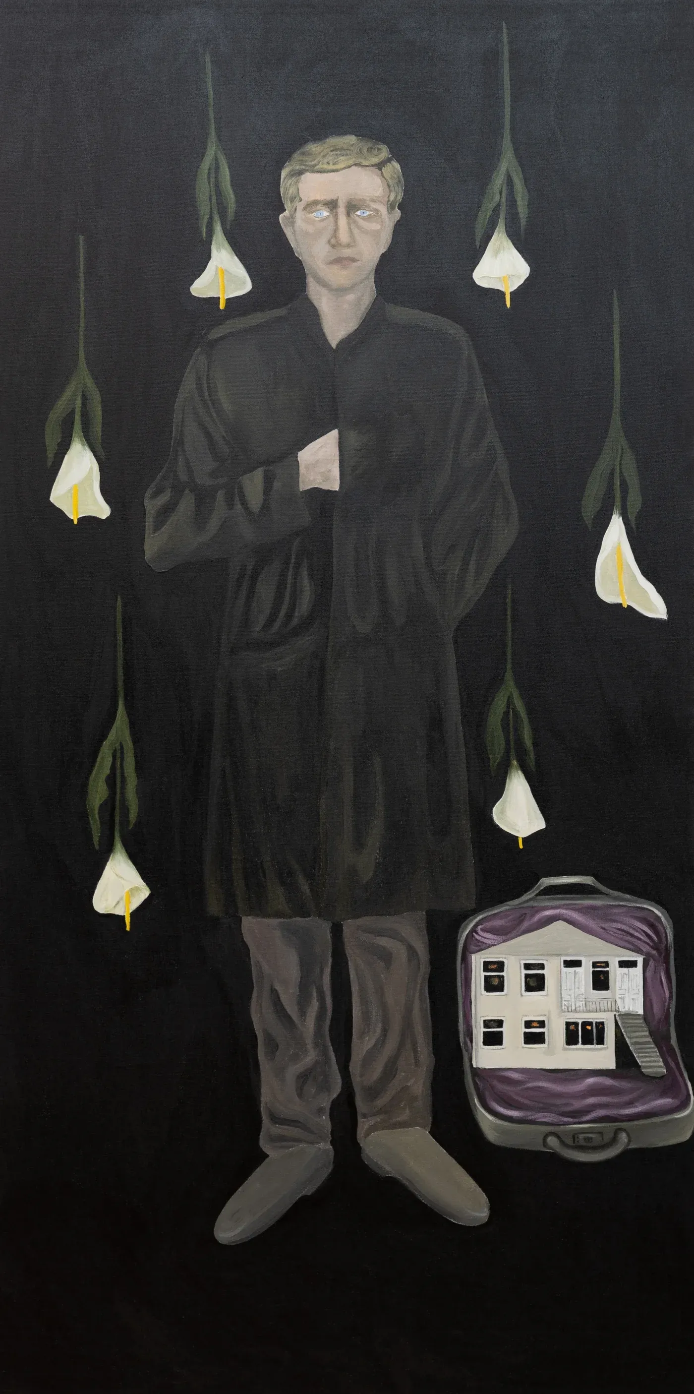 Mariam Akubardia, “Where is home now.” Male figure with lilies and suitcase showing a house.