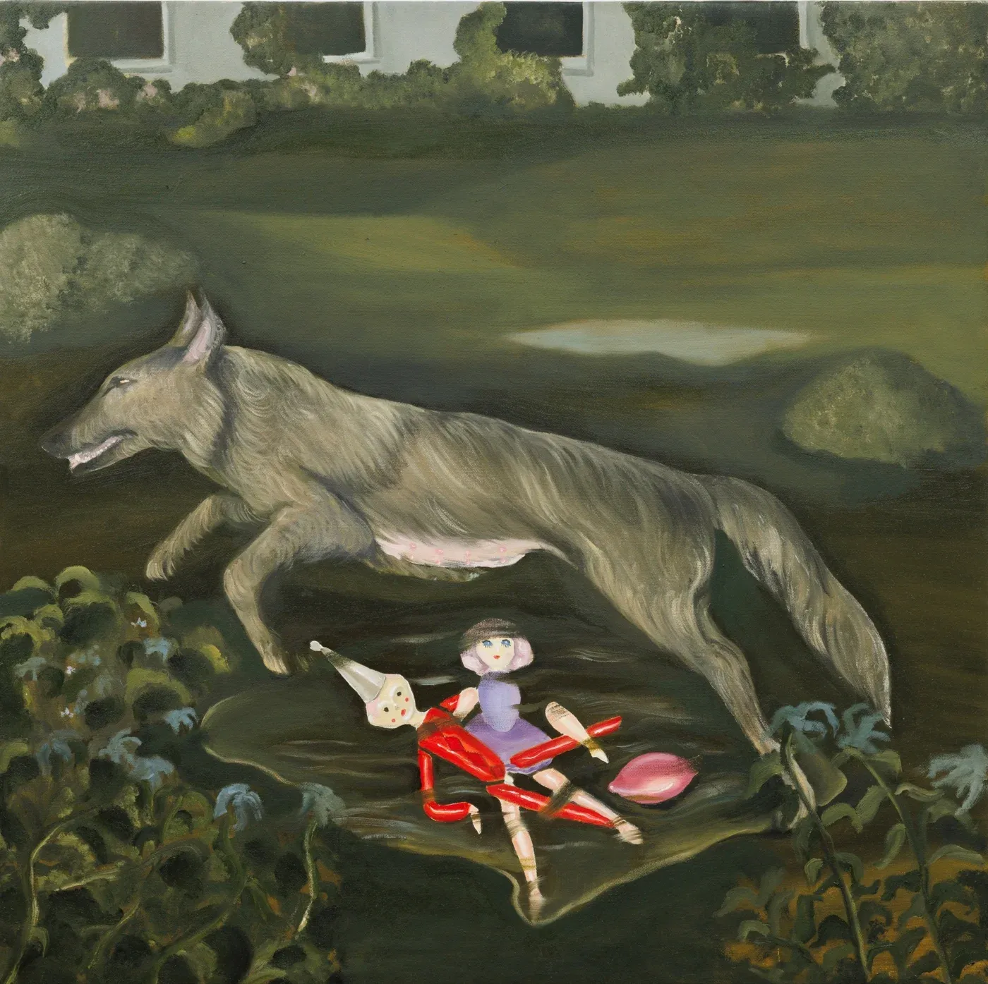 Mariam Akubardia, “Jackal Gave Birth to Her Children.” A jackal with dolls in a dark field. Georgian contemporary painting.