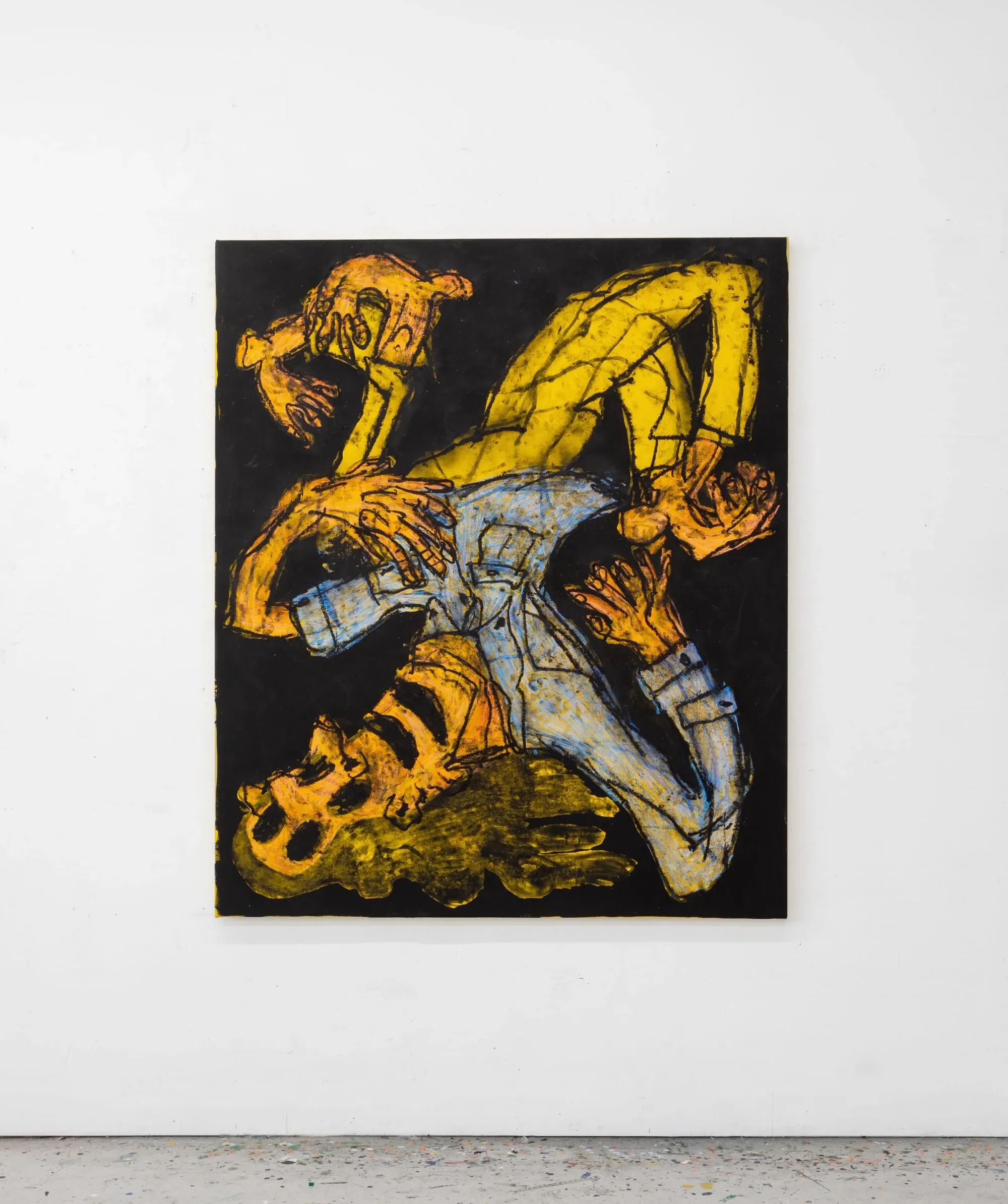 Taylor a white artist painting that looks like a cartoon like figure seems to float upside down on a black background