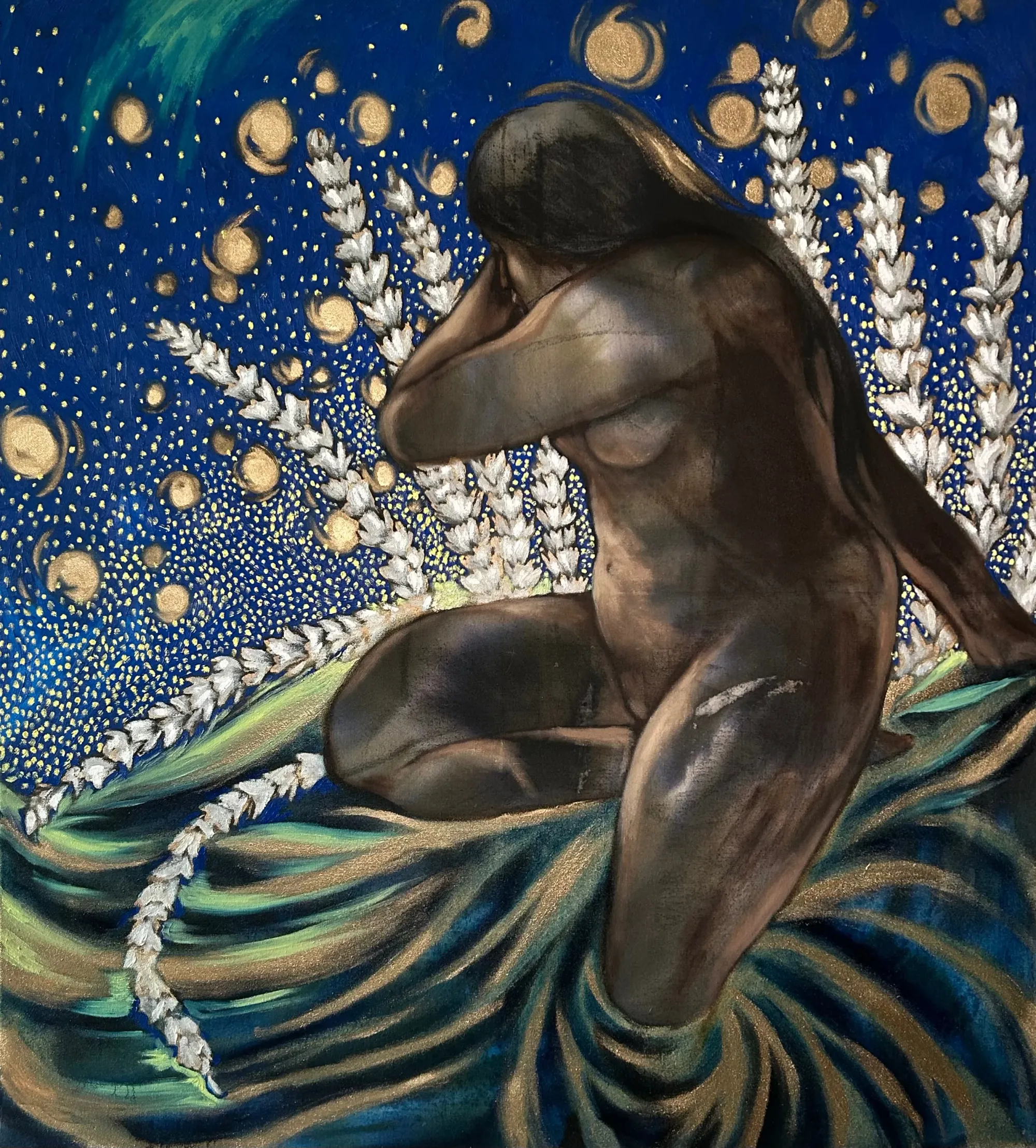 Candy Bassas, Gardiniens, 2025, oil, acrylic and ink on canvas, figurative female figure against cosmic night sky, Berlin artist.