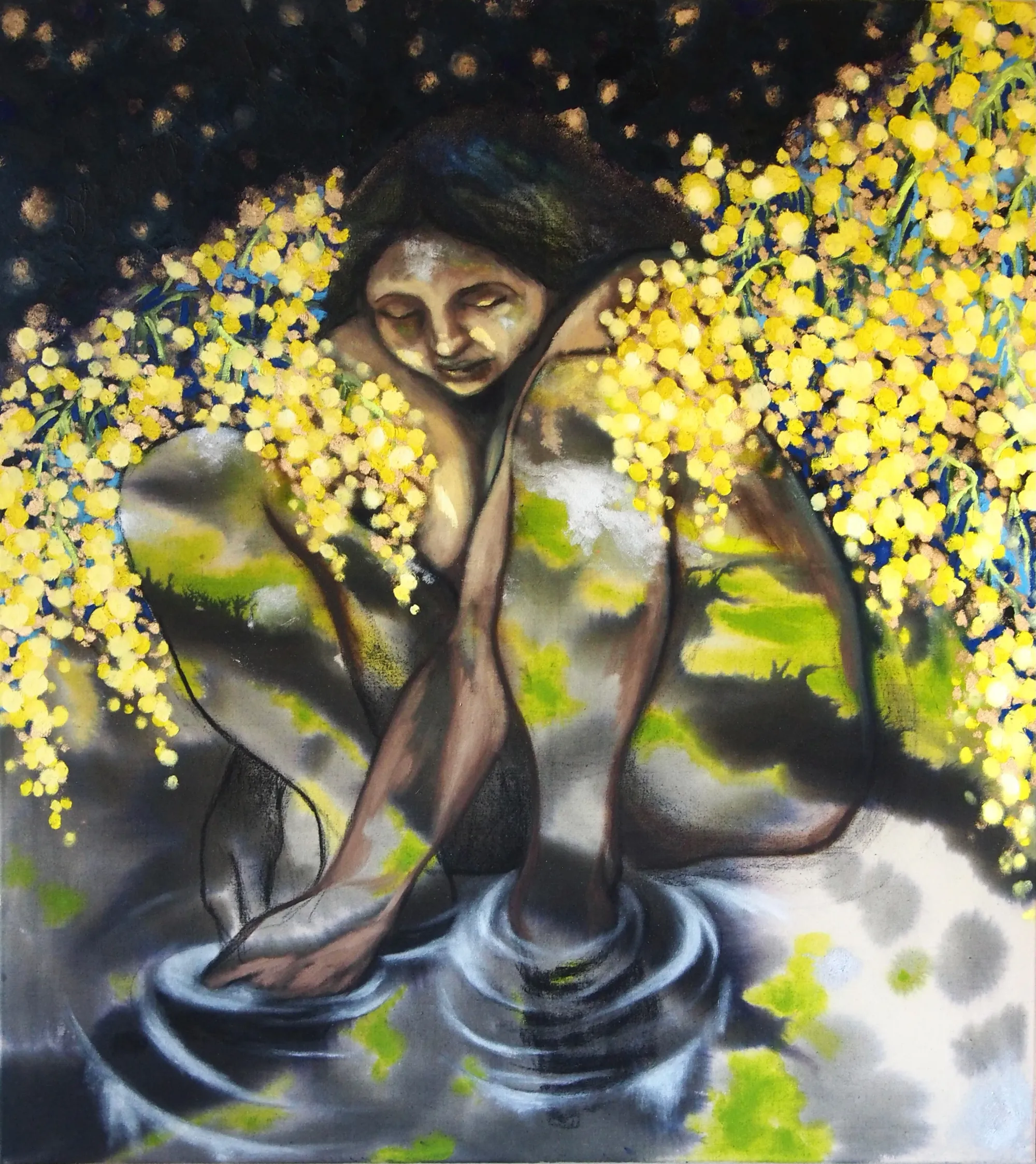 Candy Bassas, Mimosa, 2025, oil, acrylic and ink on canvas, female figure surrounded by yellow blossoms, contemporary figurative painting.
