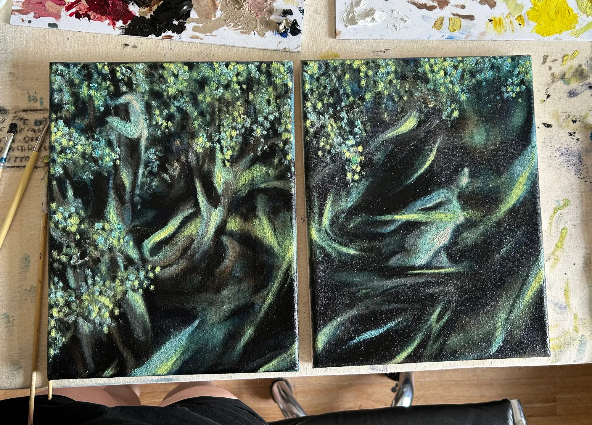 Candy Bassas, Seeking nature II, 2025, oil monotype print, blue-toned figurative landscape with tree and water, contemporary painting
