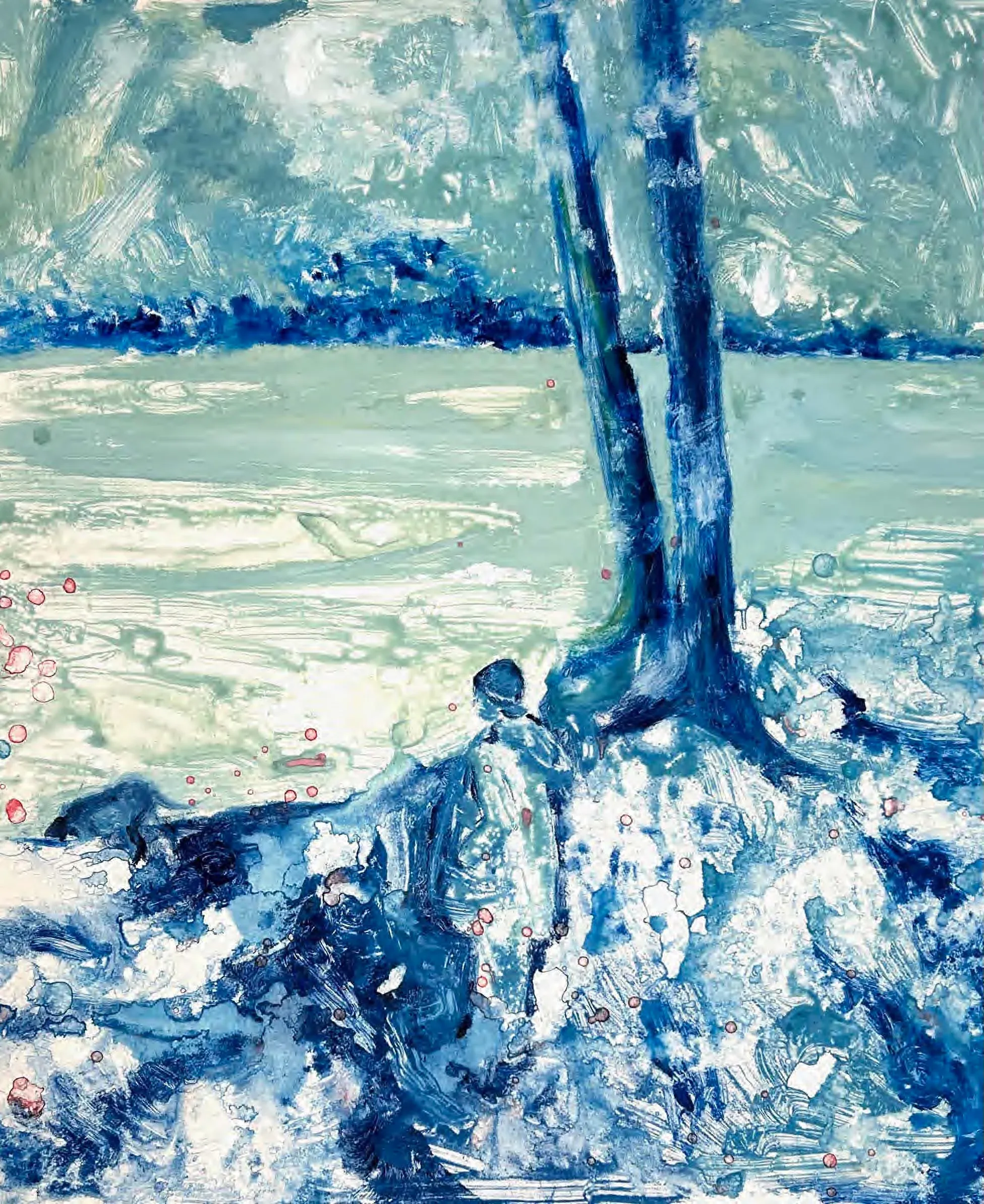 Candy Bassas, Water lilies, 2025, oil and ink on canvas, female figure bending toward flowers in nocturnal water, figurative art Berlin.