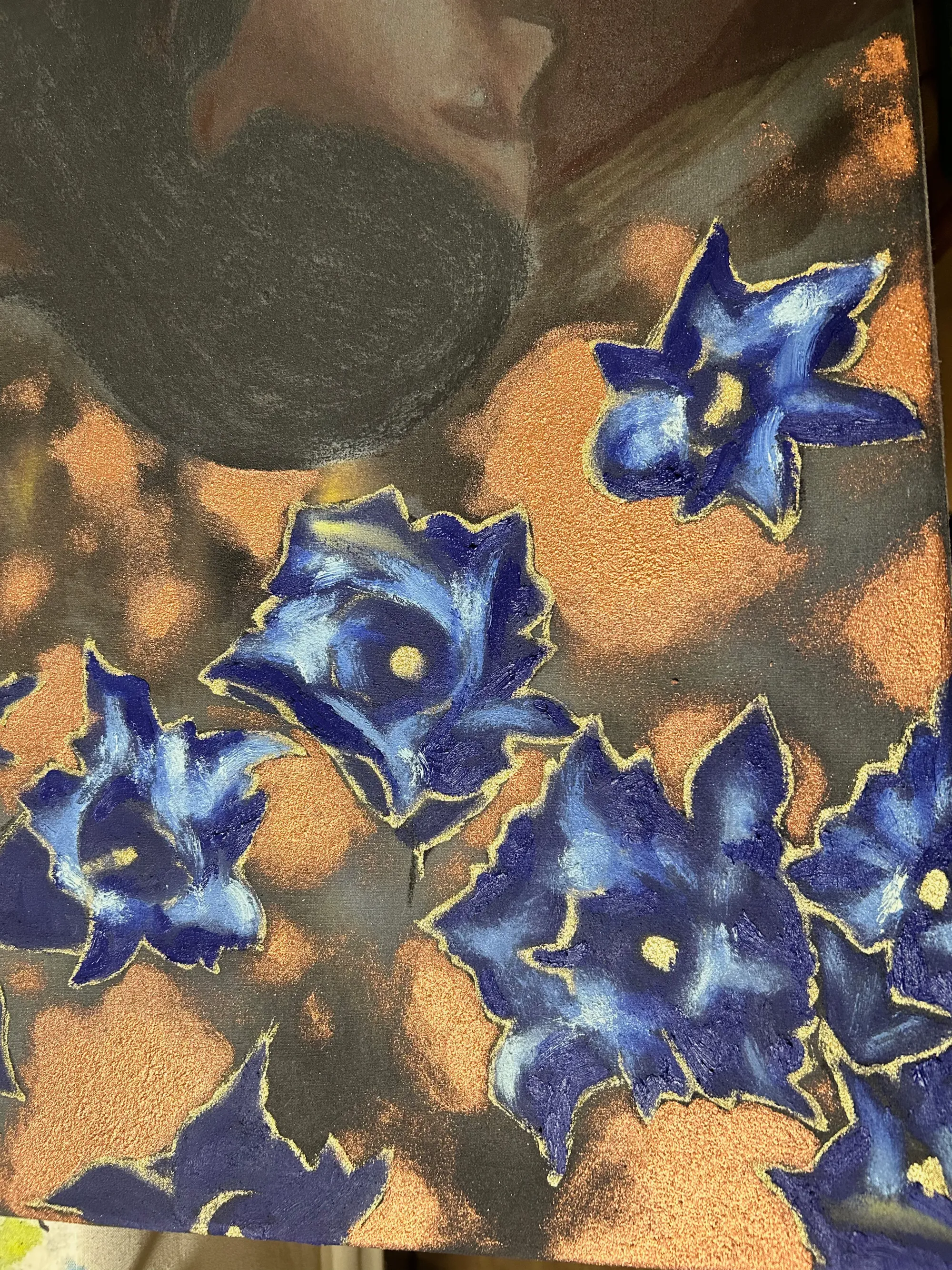 Candy Bassas, detail oil painting in blue tones