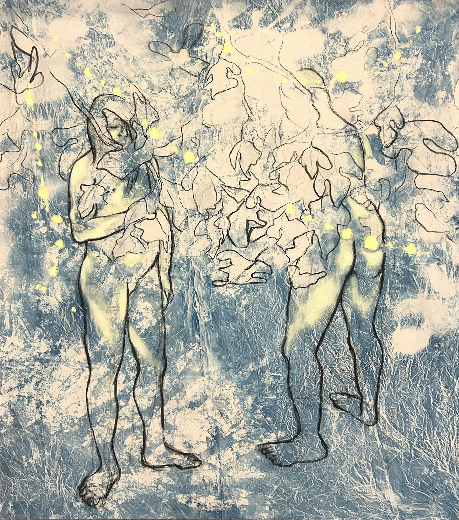 Candy Bassas: Berlin-based contemporary painter, figurative composition in blue and white with outlined nude figures and abstract foliage, cyanotype-inspired atmosphere, 2025.