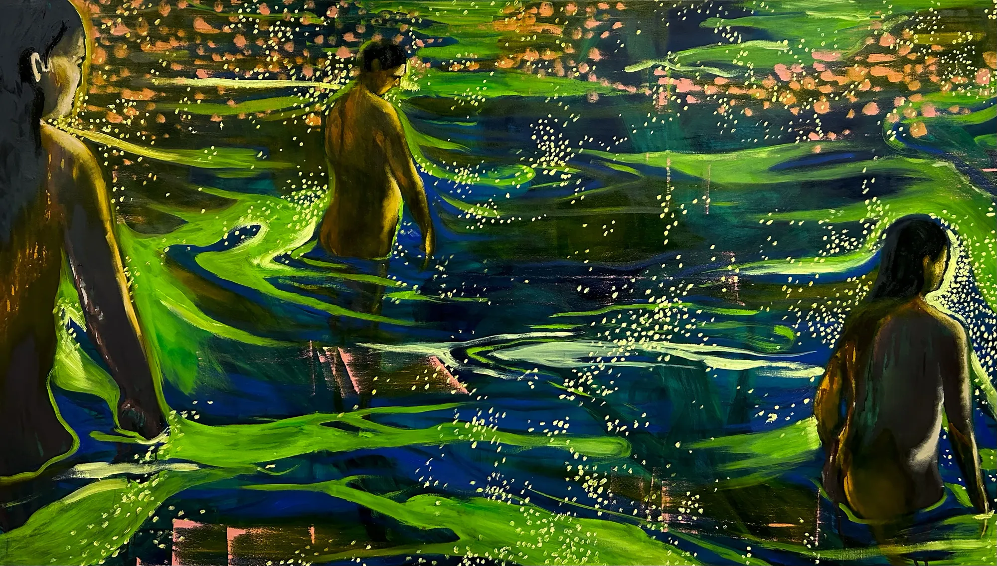 Candy Bassas, Uncertain sense of liberty, oil on canvas, figurative nocturne with luminous green water, Berlin 2024.
