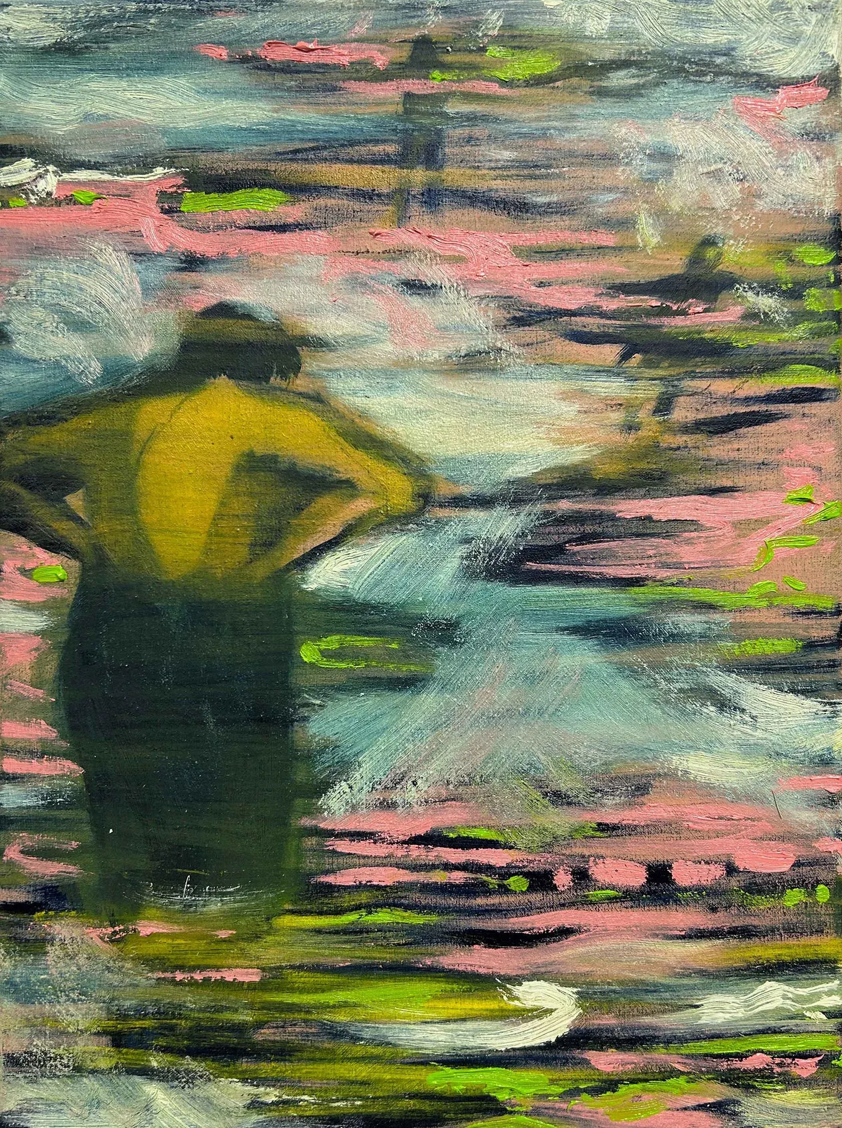 Candy Bassas, Uncertain sense of liberty IV, 2024, oil on canvas, solitary figure in pink and green nocturnal water, Berlin contemporary