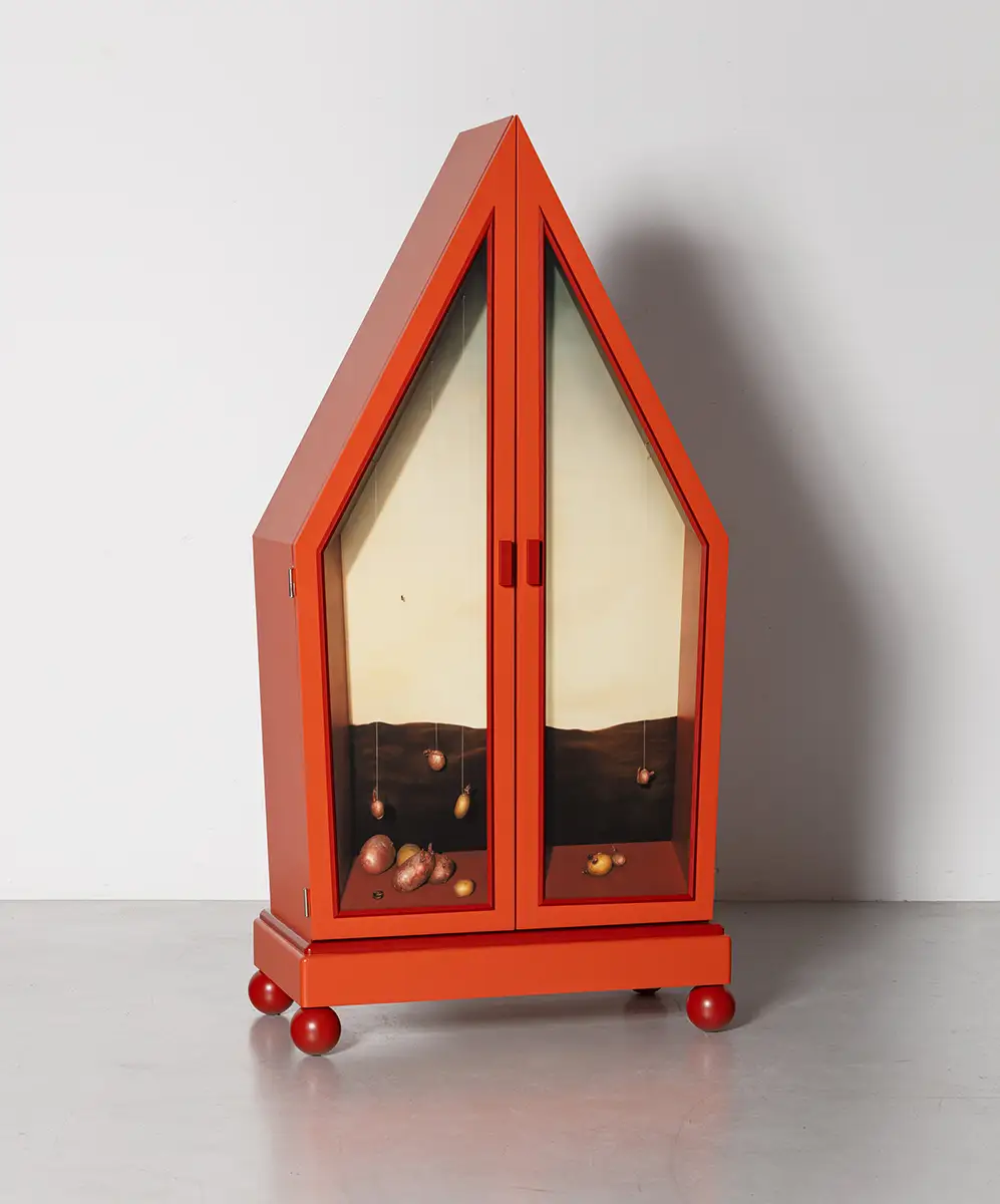 Tobias Izsó, art, installation. red cabinet with glass front with potatoes and onions inside
