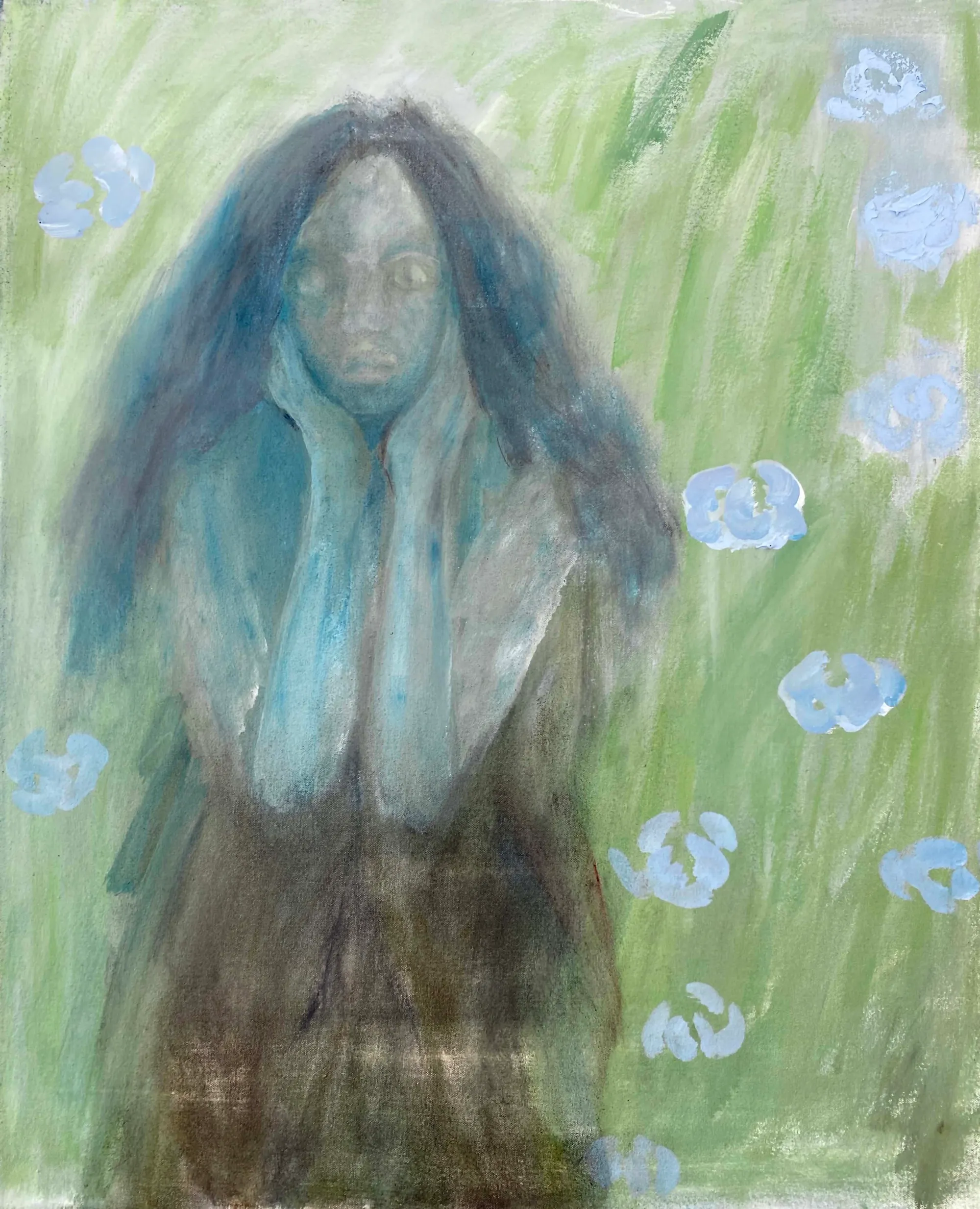 Jie Zhang garden painting in green with a woman that looks like the artist