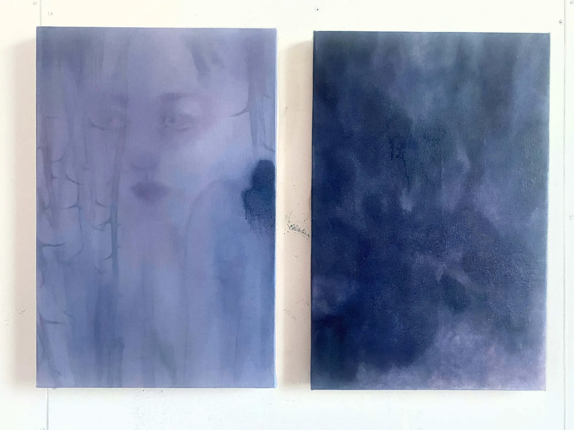 2 blue paintings by the artist hanging on the wall