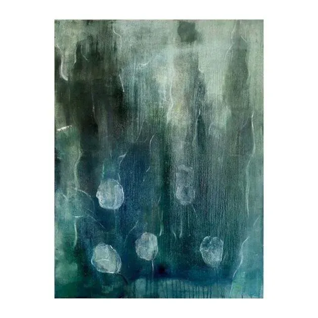 Jie Zhang. green bluel painting of a garden in detail