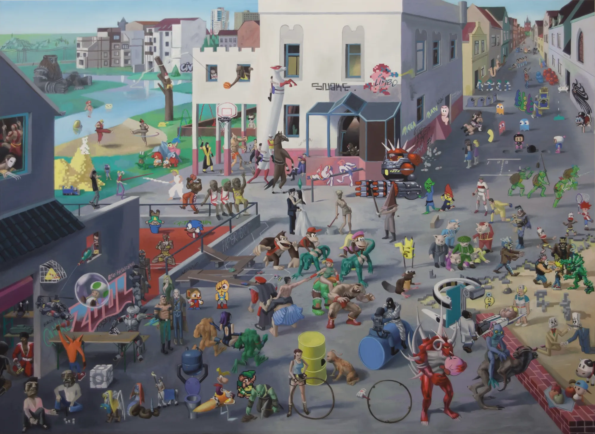 Martin Schuster painting, crowded street scene with videogame figures, 2016.