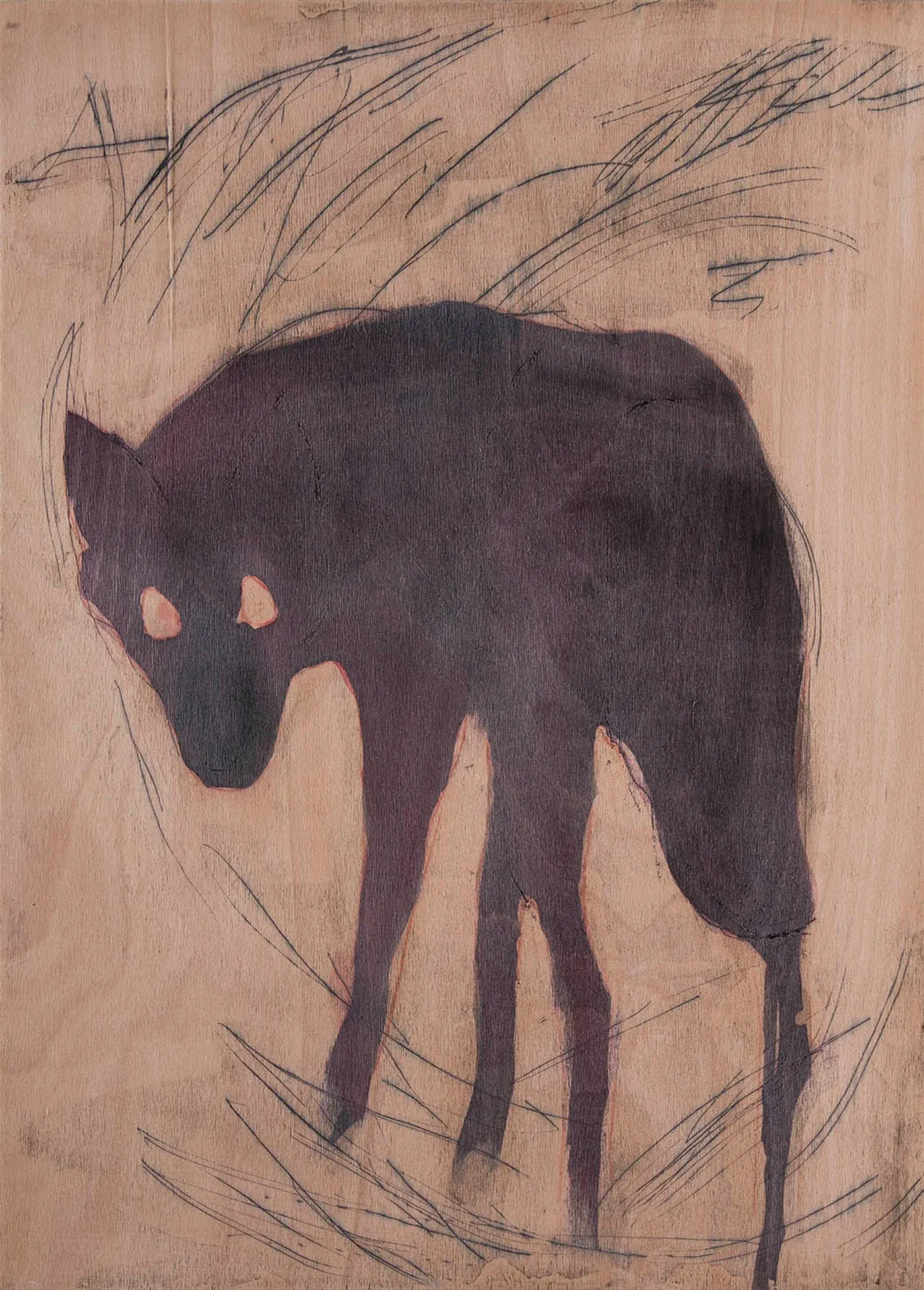 A lone wolf figure leans into being, scratched and stained into presence, both fragile outline and haunting shadow