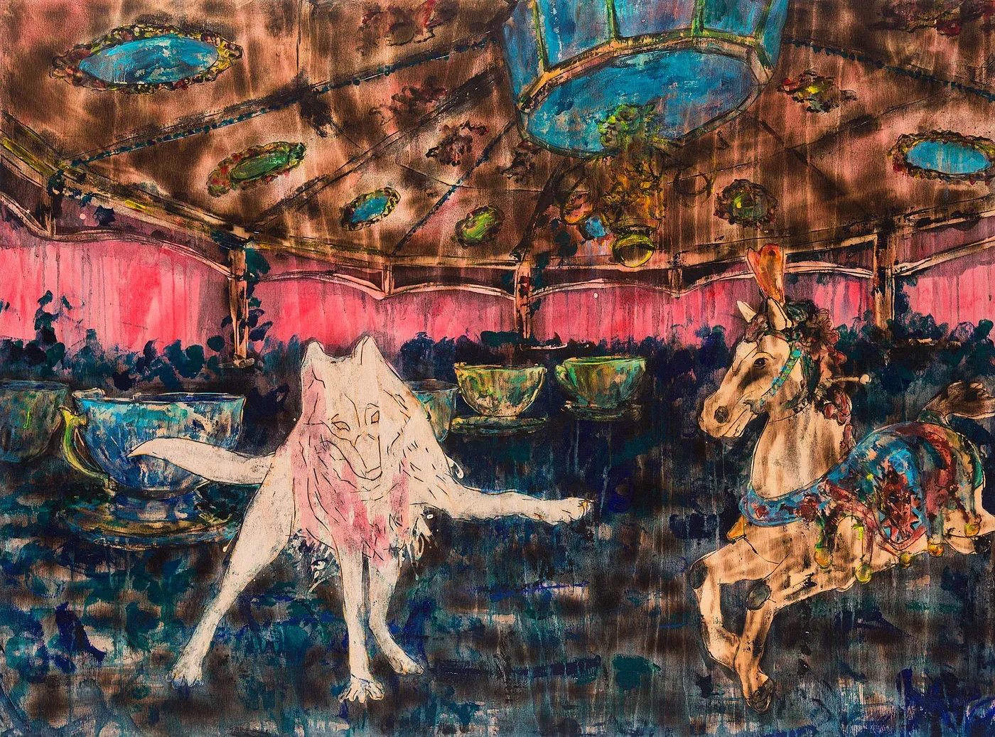 A wolf and carousel horse confront each other in a dreamlike arena where play teeters on the edge of menace and myth. 