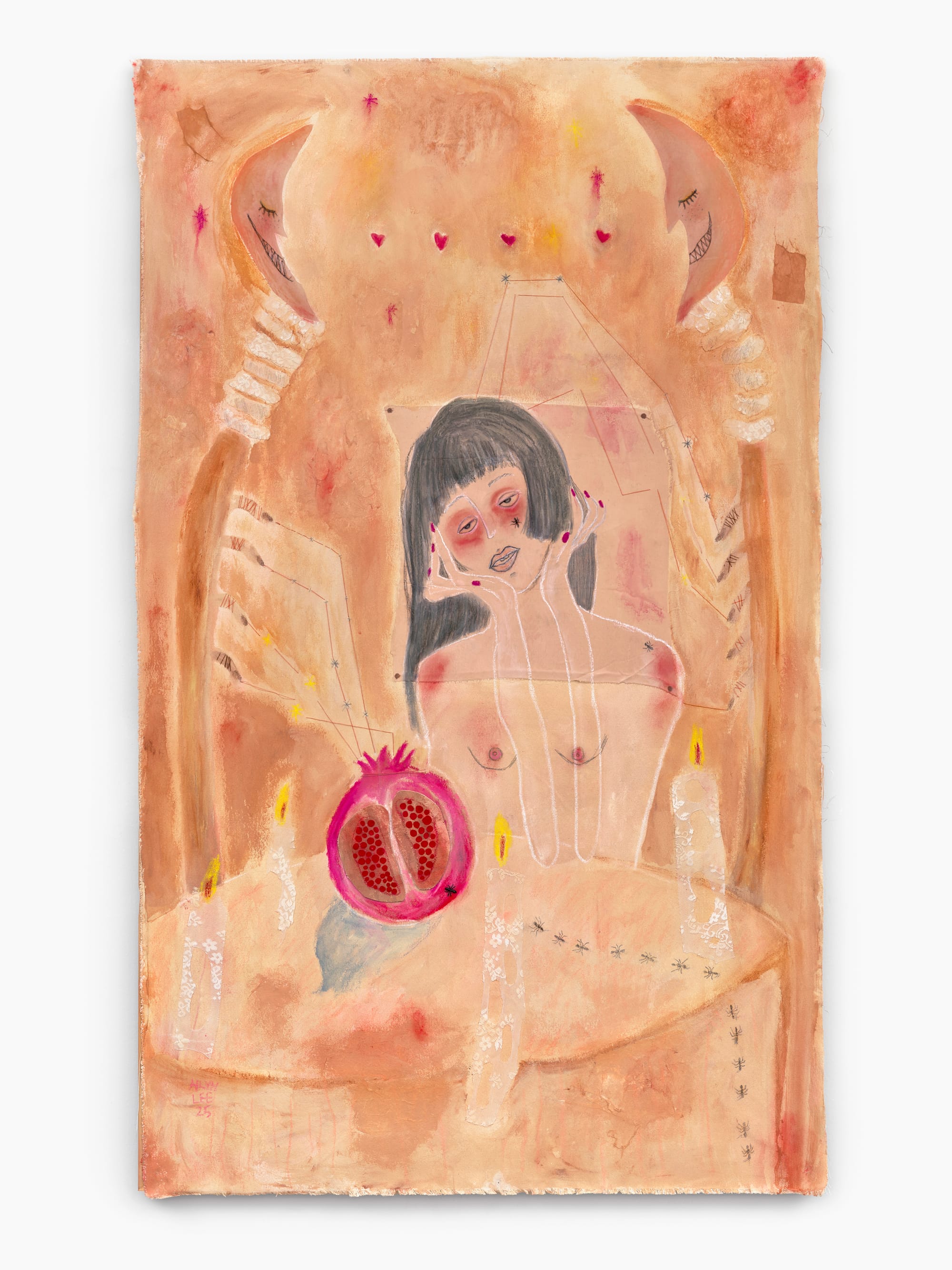 A tender yet perilous vision: a seated figure threaded with diagrammatic lines, framed by talismanic crescents and candles, while a hot-pink pomegranate glows like a heart. Memory, ritual, and desire condense into one charged emblem.