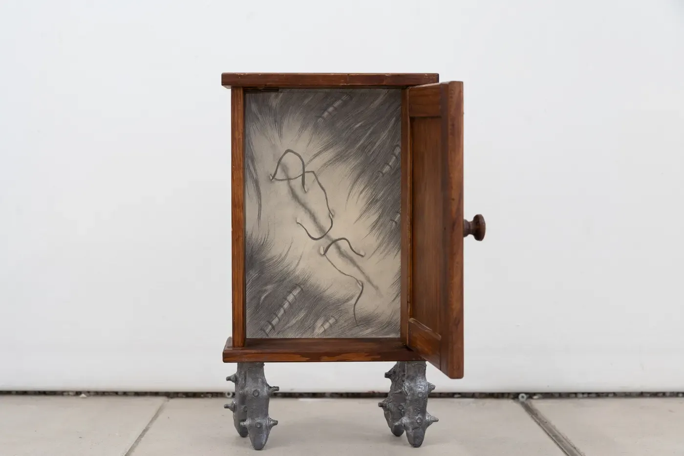 Anna Soz sculpture work wood, metal, drawing inside, curated by Colette Patterson