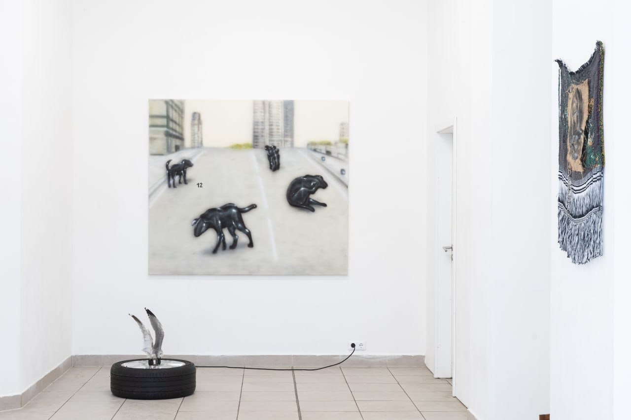 Leipzig exhibition about grief, dead dogs dont die , with hanna antonsson sculpture work, Yutaro Inagaki painting and olivia rode hvass wall tapestry