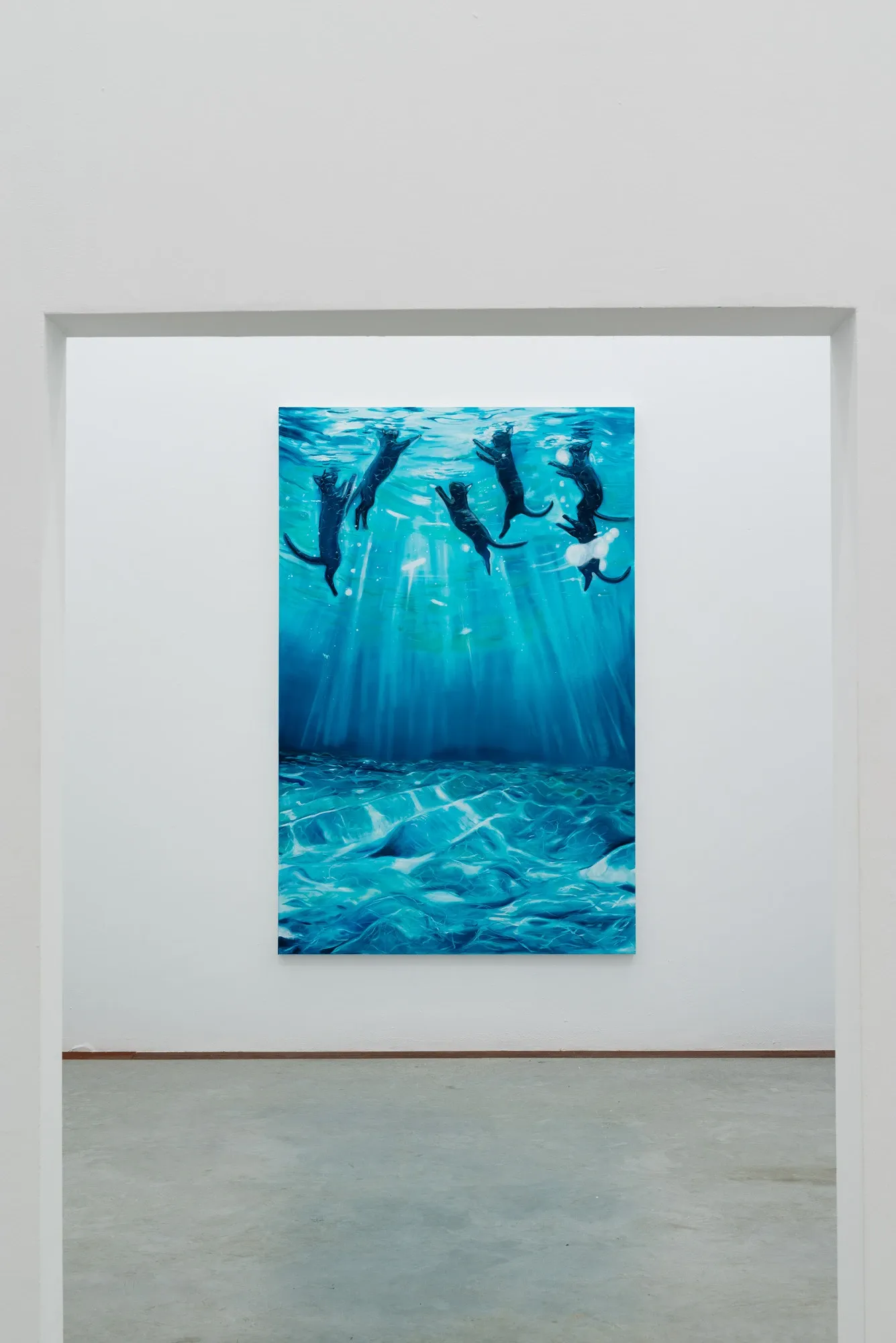 Charlie stein artist with What Happens When Everything Not Saved Is Lost? painting underwater hyperrealistic with cats