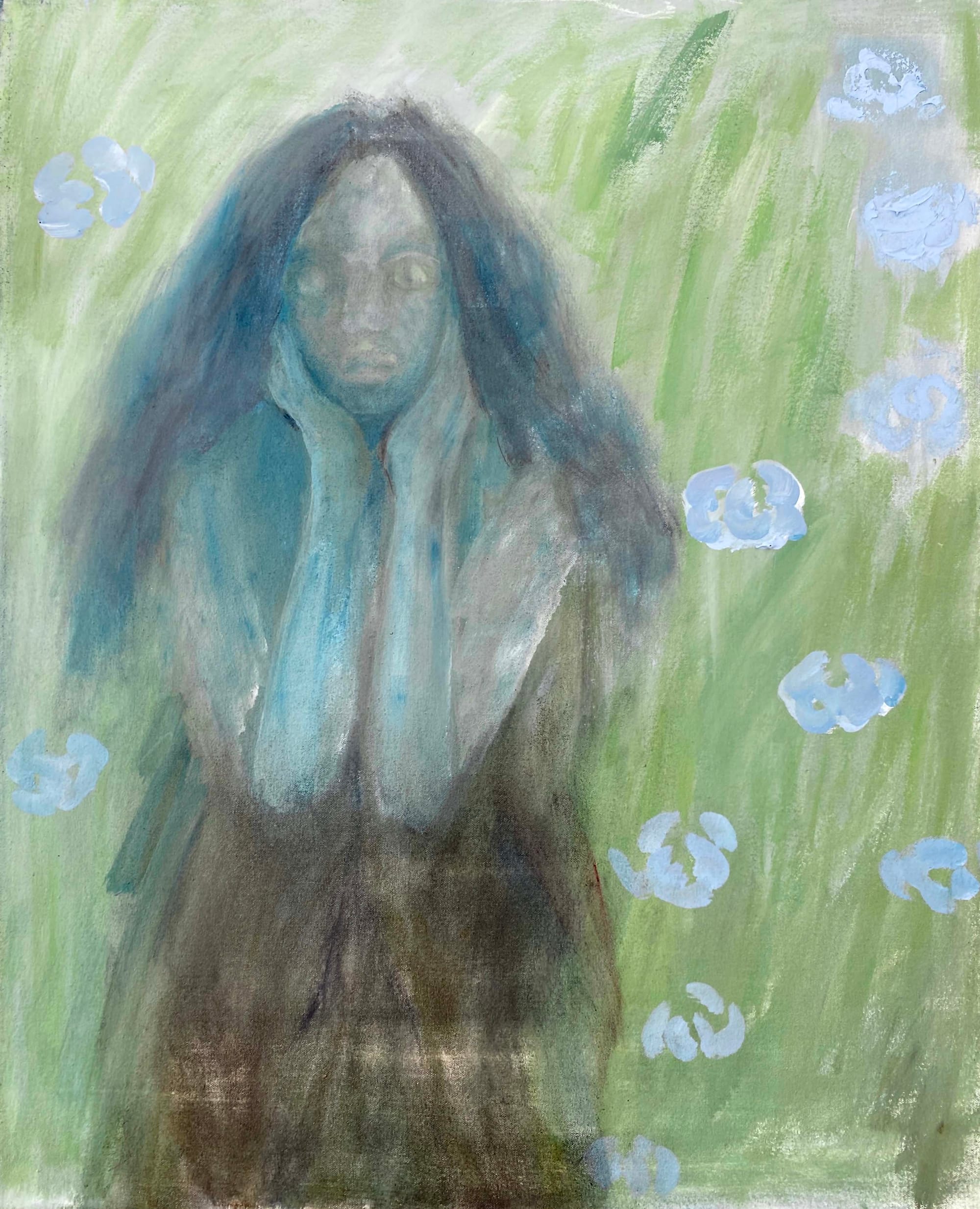Jie Zhang garden painting in what looks like a field of green with light blue flowers with a woman that looks like the artist