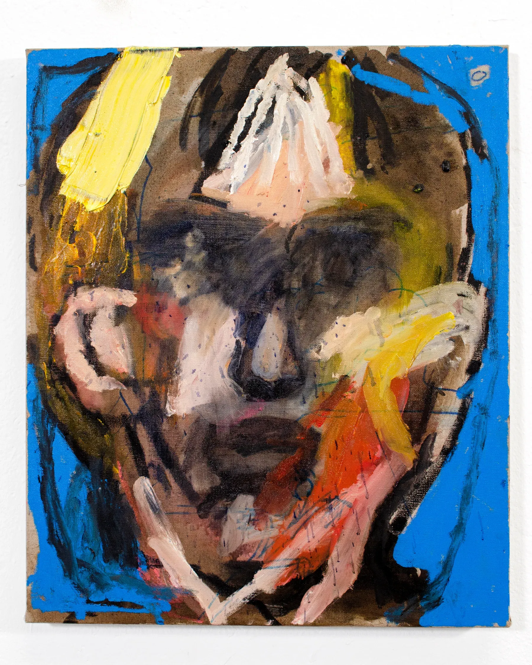 Expressionist portrait by Manuel García Fernández titled Blue Head, painted in 2024 for HAGD_Contemporary. A raw, layered face floats against vibrant blue. Image courtesy of the artist.