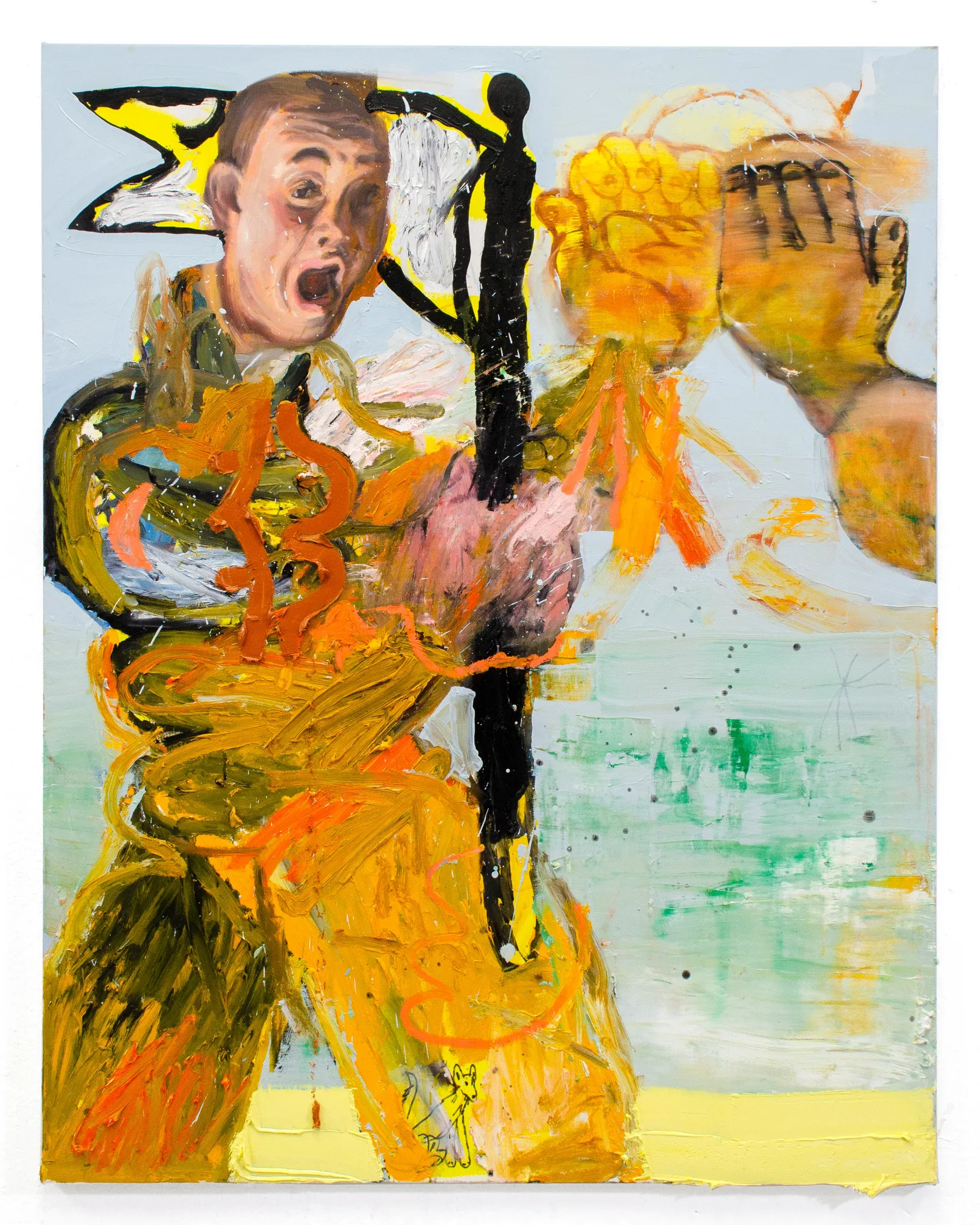 Give Me 5 by Manuel García Fernández, 2025. A vivid yellow figure reaches toward a large painted hand in an expressive gesture. Exhibited at HAGD_Contemporary Gallery. Image courtesy of the artist.