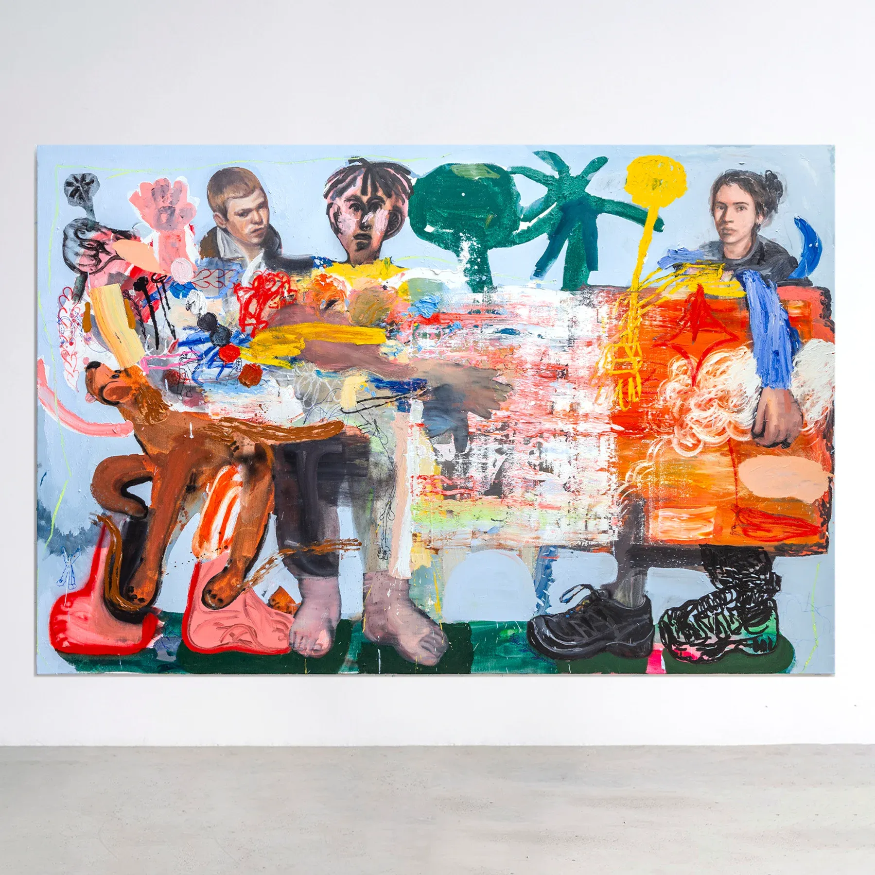 Manuel García Fernández, large-scale figurative painting with seated figures, palm shapes, and vibrant layered textures, titled Correr dientes abajo, buscando el centro, 200 × 300 cm. Image courtesy of the artist.