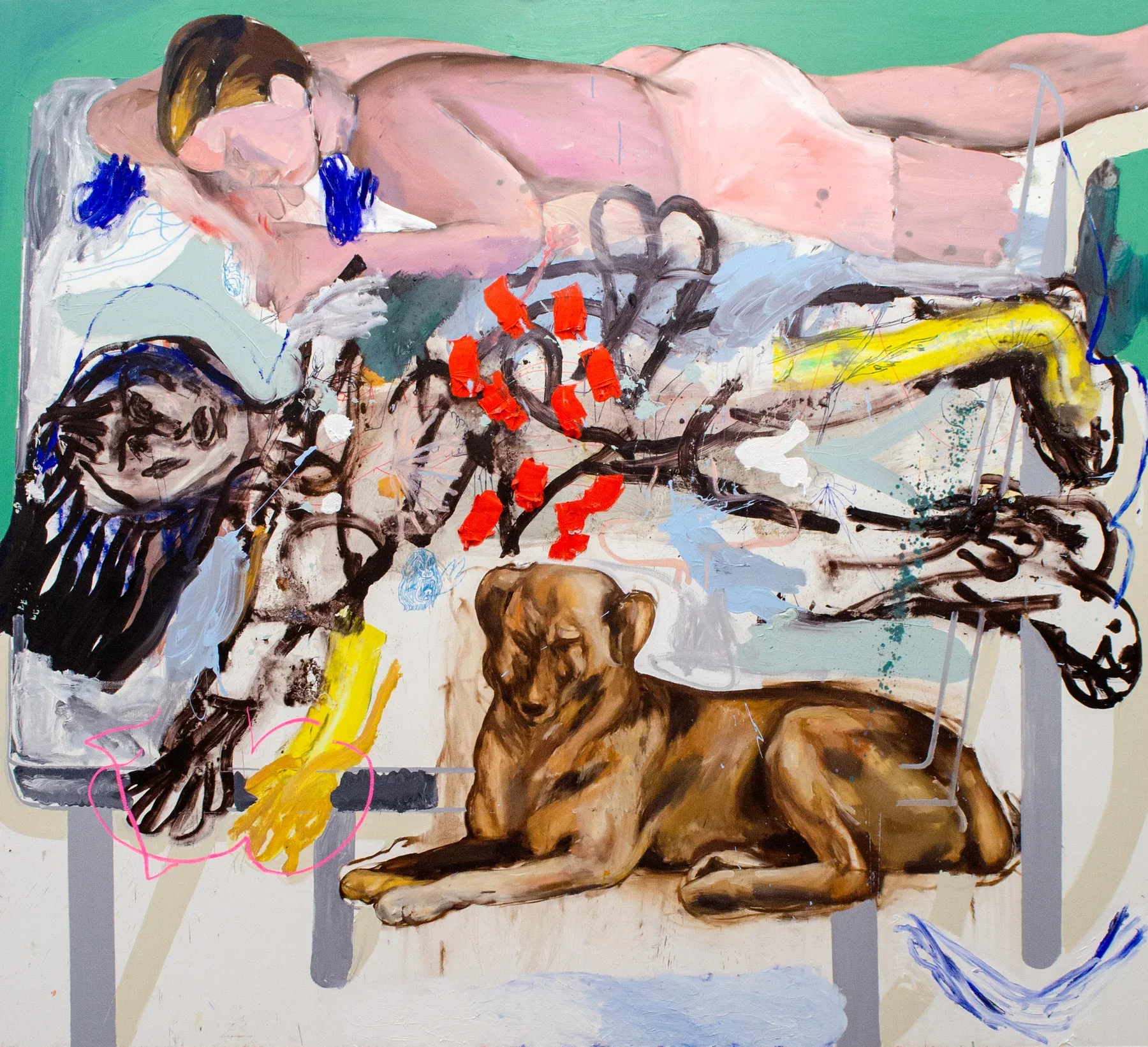 Manuel García Fernández, expressive figurative painting with reclining figures, a lion-like dog, and layered gestures in oil and mixed media, titled Pienso mucho en ti y en la pintura, 220 × 200 cm. Image courtesy of the artist.