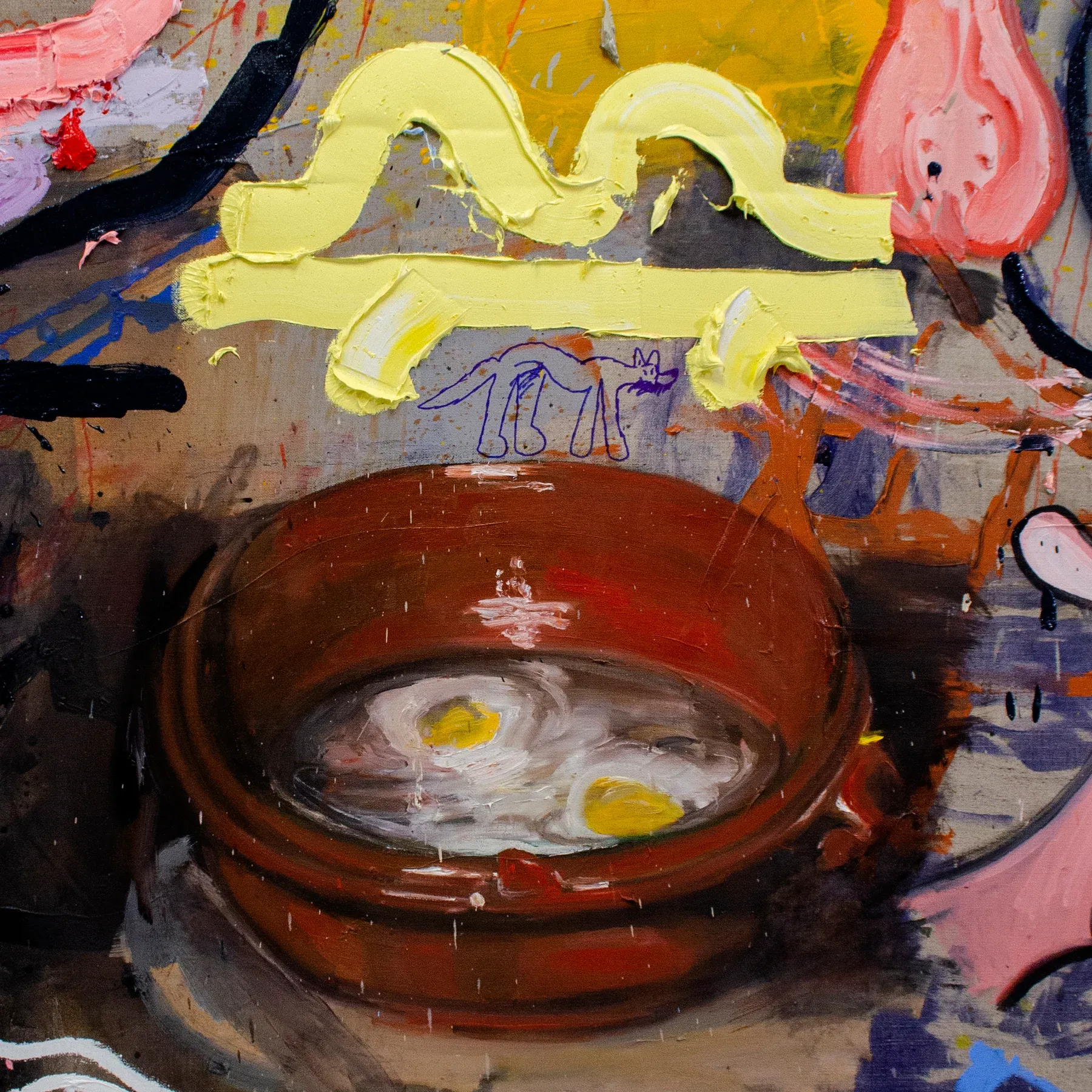 Detail of Llueve fuera aquí dentro los dos by Manuel García Fernández, showing a painted clay bowl with two fried eggs and expressive layered brushstrokes.