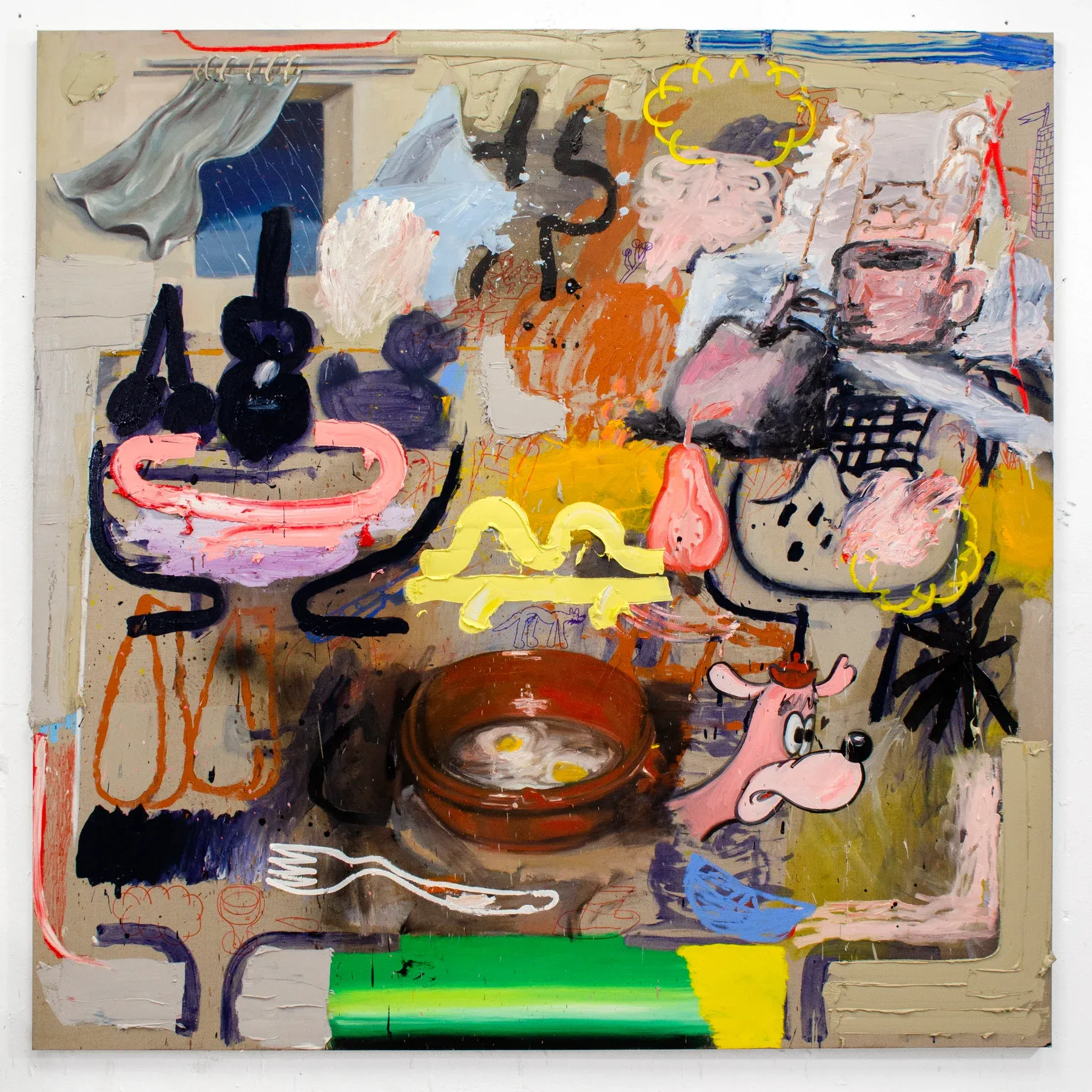Manuel García Fernández, square-format figurative painting with bowls, cartoon figures, and scattered domestic symbols, titled Llueve fuera aquí dentro los dos, 200 × 200 cm. Image courtesy of the artist.