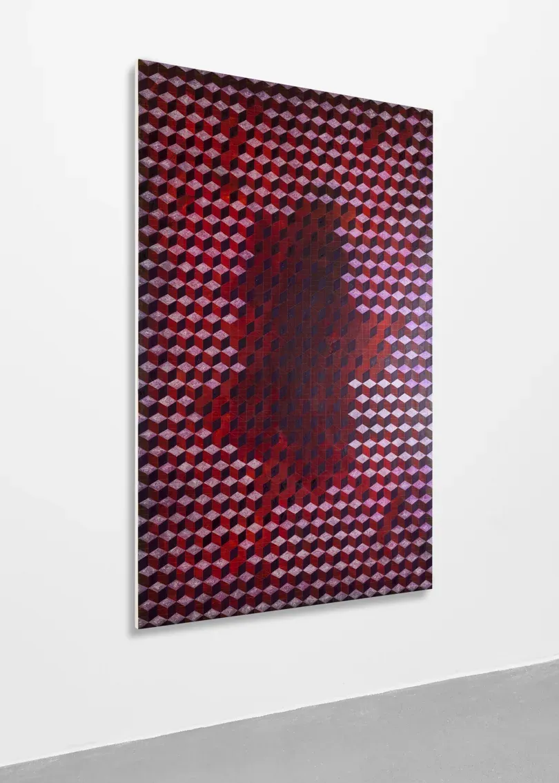 Matthias Esch, Describe Pain (A Prison, Dissolving), geometric red and violet cube pattern painting in oil, pen, and mother-of-pearl on linen, 200 Ă 130 cm, Berlin-based contemporary abstraction.