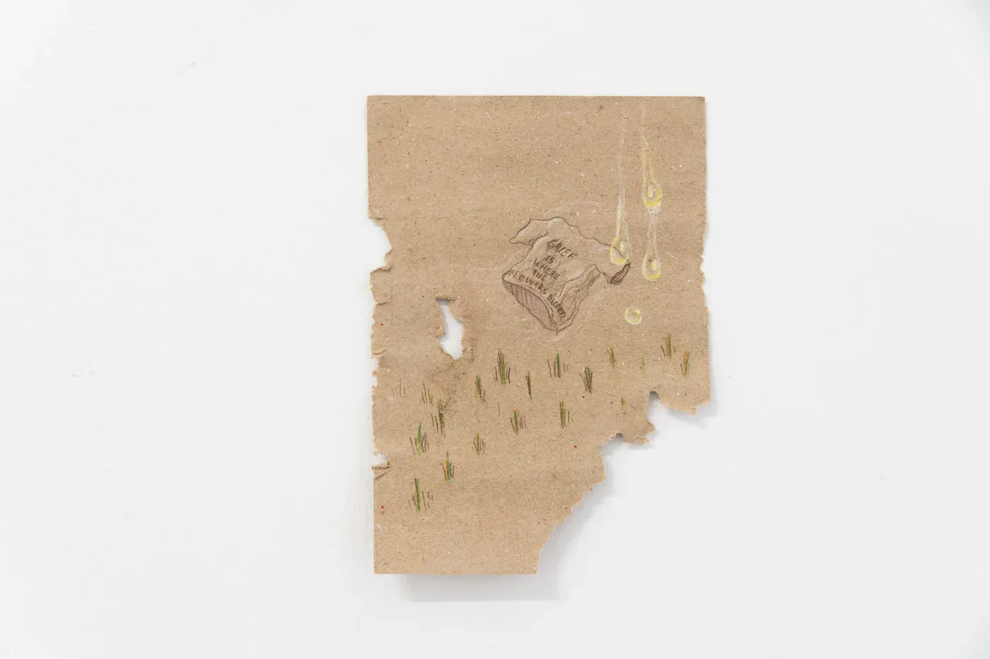 promising artist Olivia Rode Hvass Flying T-shirt (Grief is where the flowers bloom) drawing on cardboard