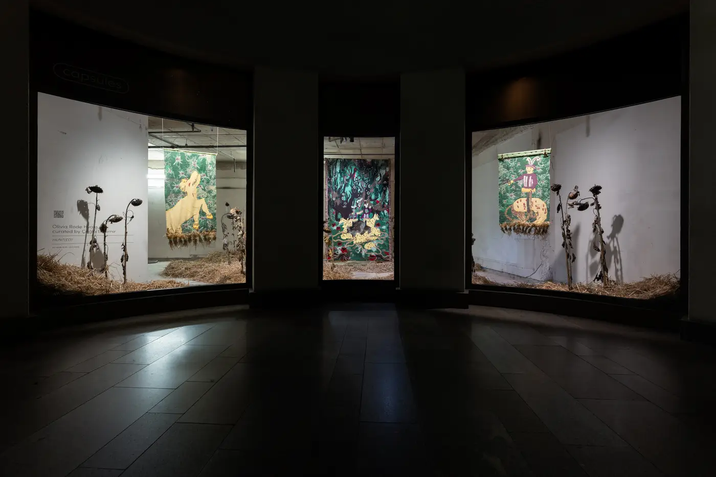 Exterior view of the 24/7 exhibition Capsules at Luxembourg Art Week, featuring HUNT(ED) by Olivia Rode Hvass. The installation, curated by Çağla Erdemir, is visible through illuminated display windows. Photographed by Patty Neu.