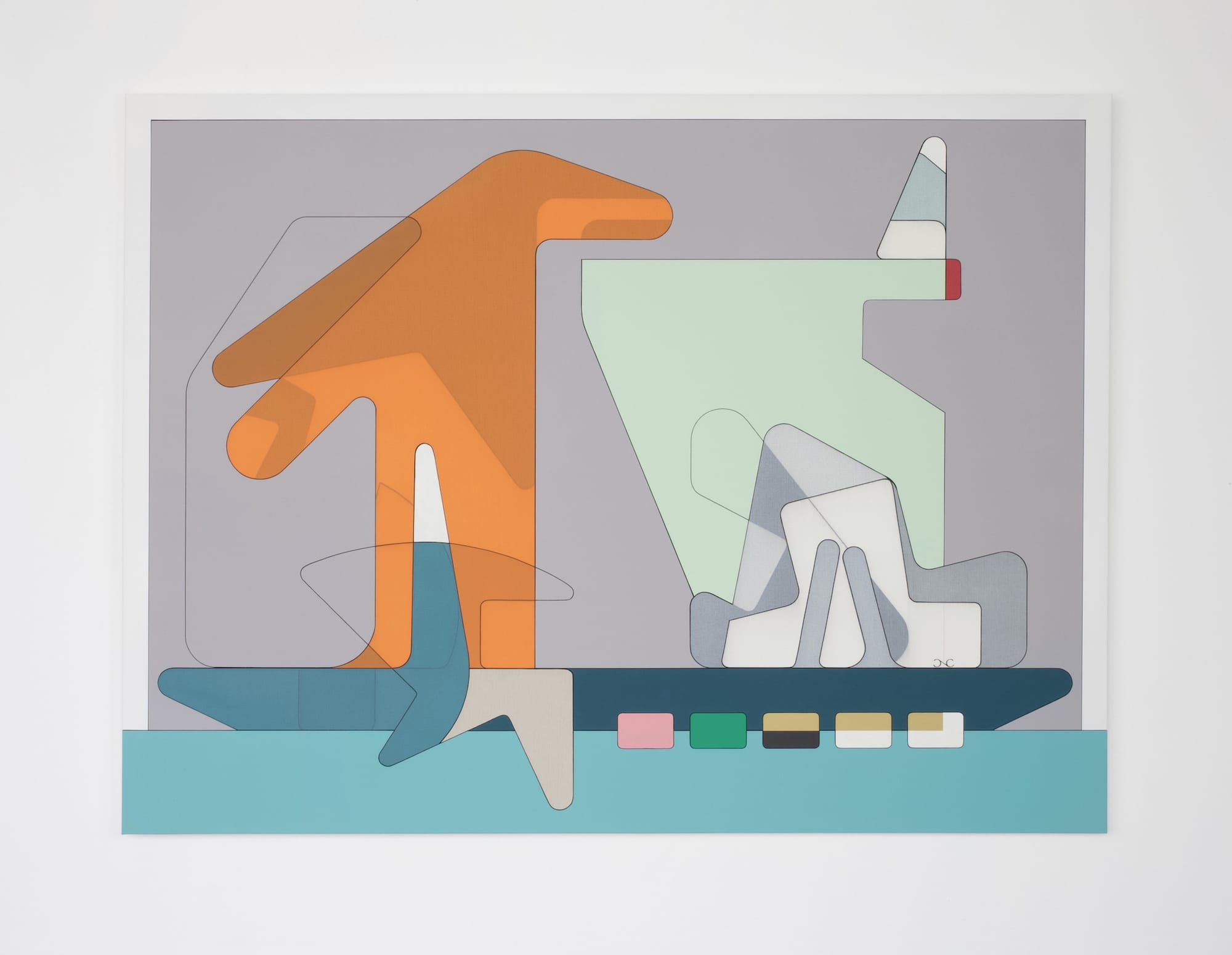 Abstract painting by Chris Cassimatis with layered geometric forms in orange, teal and grey on a large canvas. Image Courtesy of the Artist.