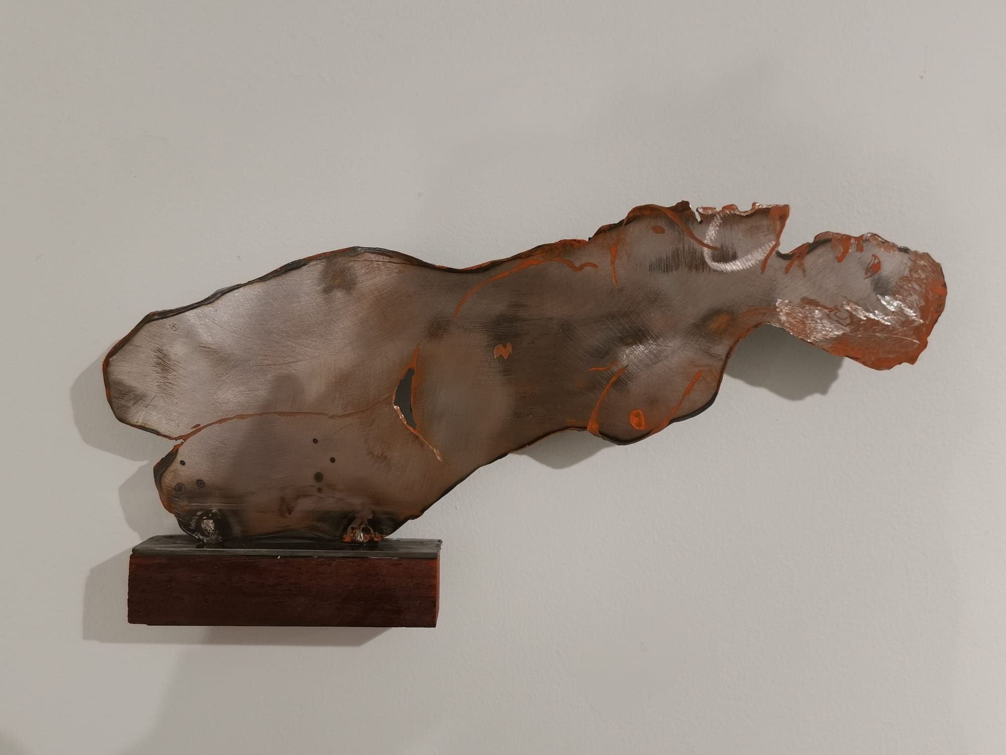 Ruth Devriendt’s 2025 sculpture Corpus Metallic, a metal form mounted on tropical wood and finished with oil paint, photographed against a light wall. Image courtesy of the artist.