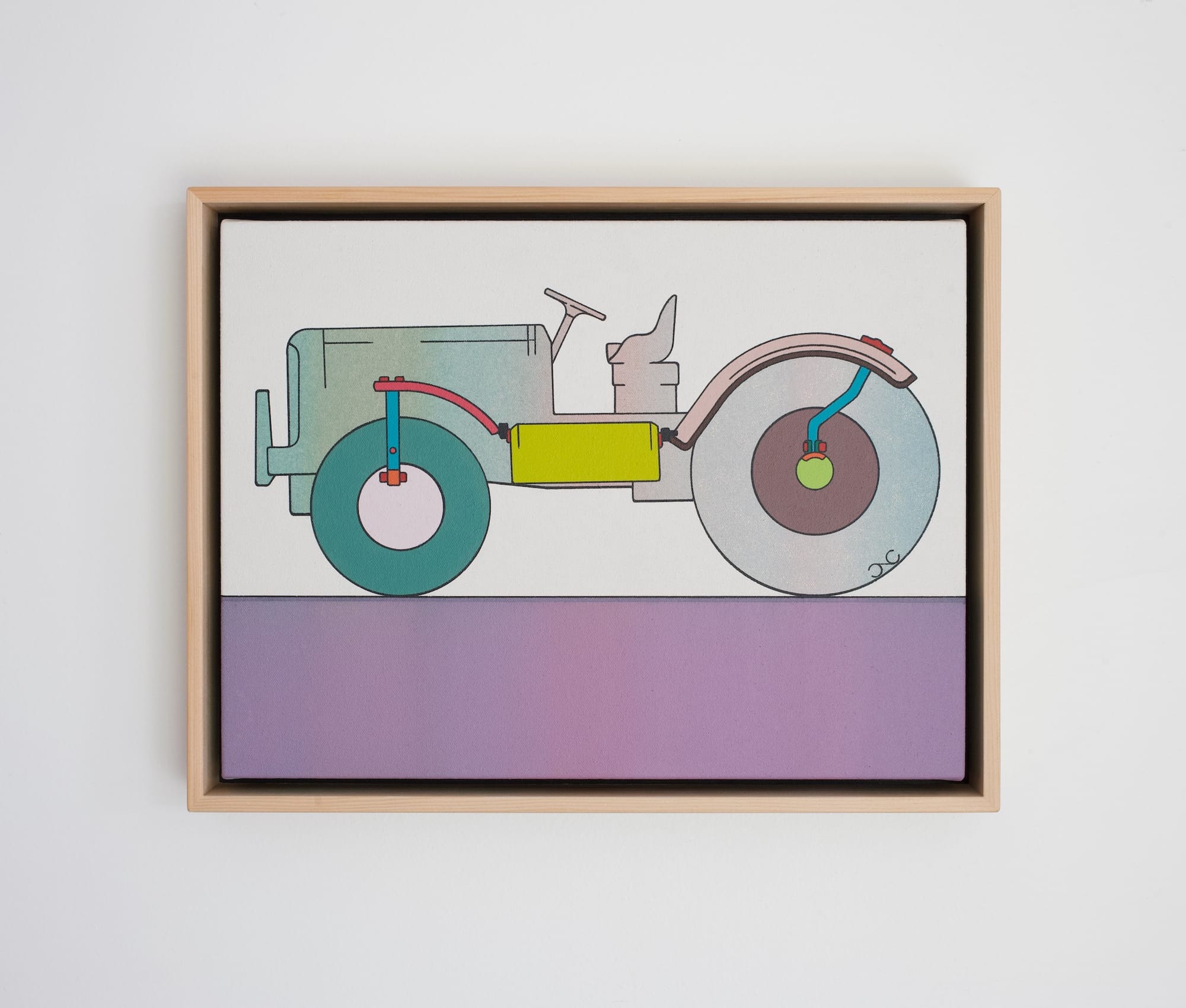 ‘Fender Group’ by Chris Cassimatis, a 2024 acrylic painting on canvas over panel showing a stylized vehicle on a purple ground, framed and hung on a white wall. Courtesy of the Artist.