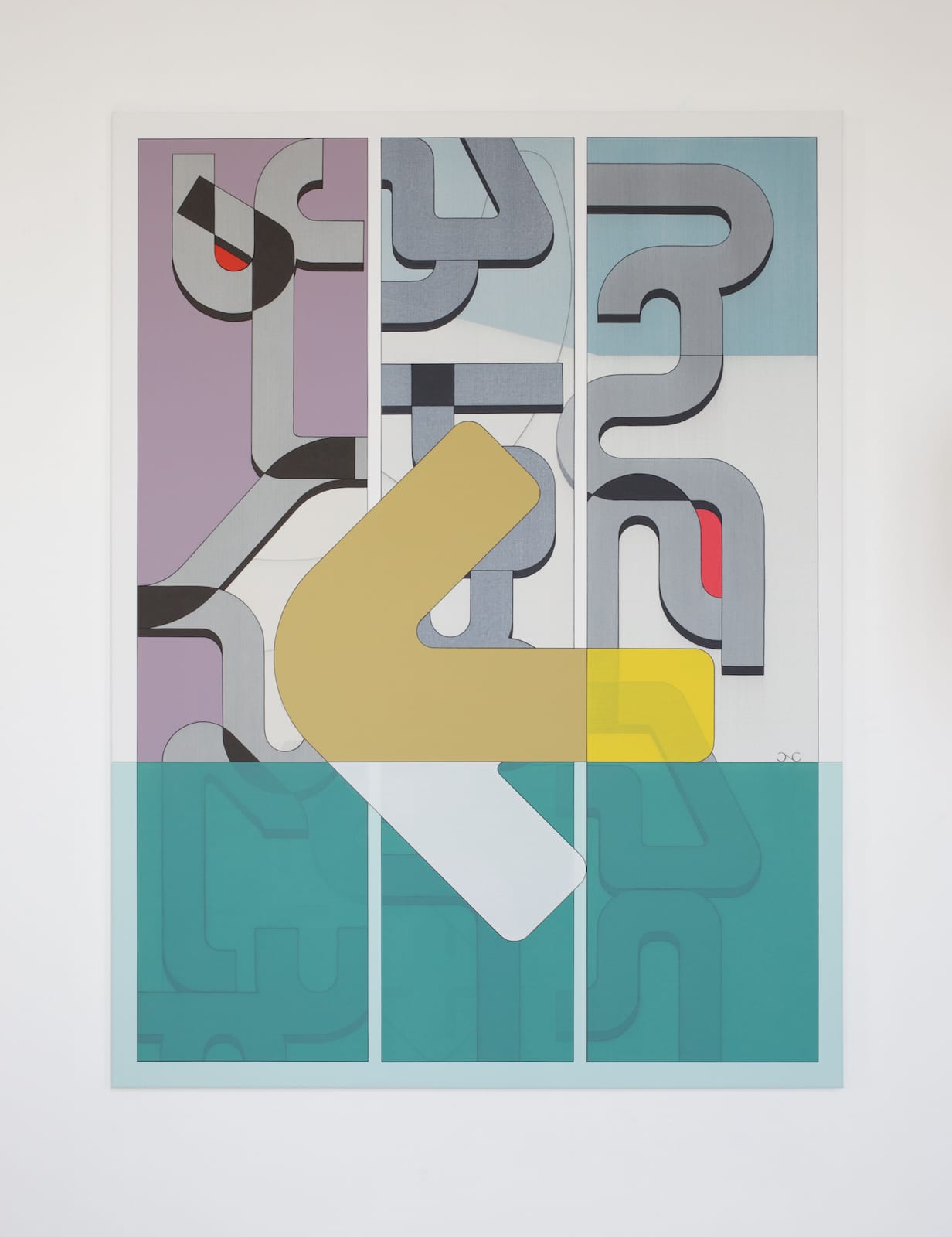 Painting by Chris Cassimatis titled Low Tide, featuring overlapping geometric forms in muted pastels and teal tones, arranged in a grid-like composition. Image Courtesy of the Artist.